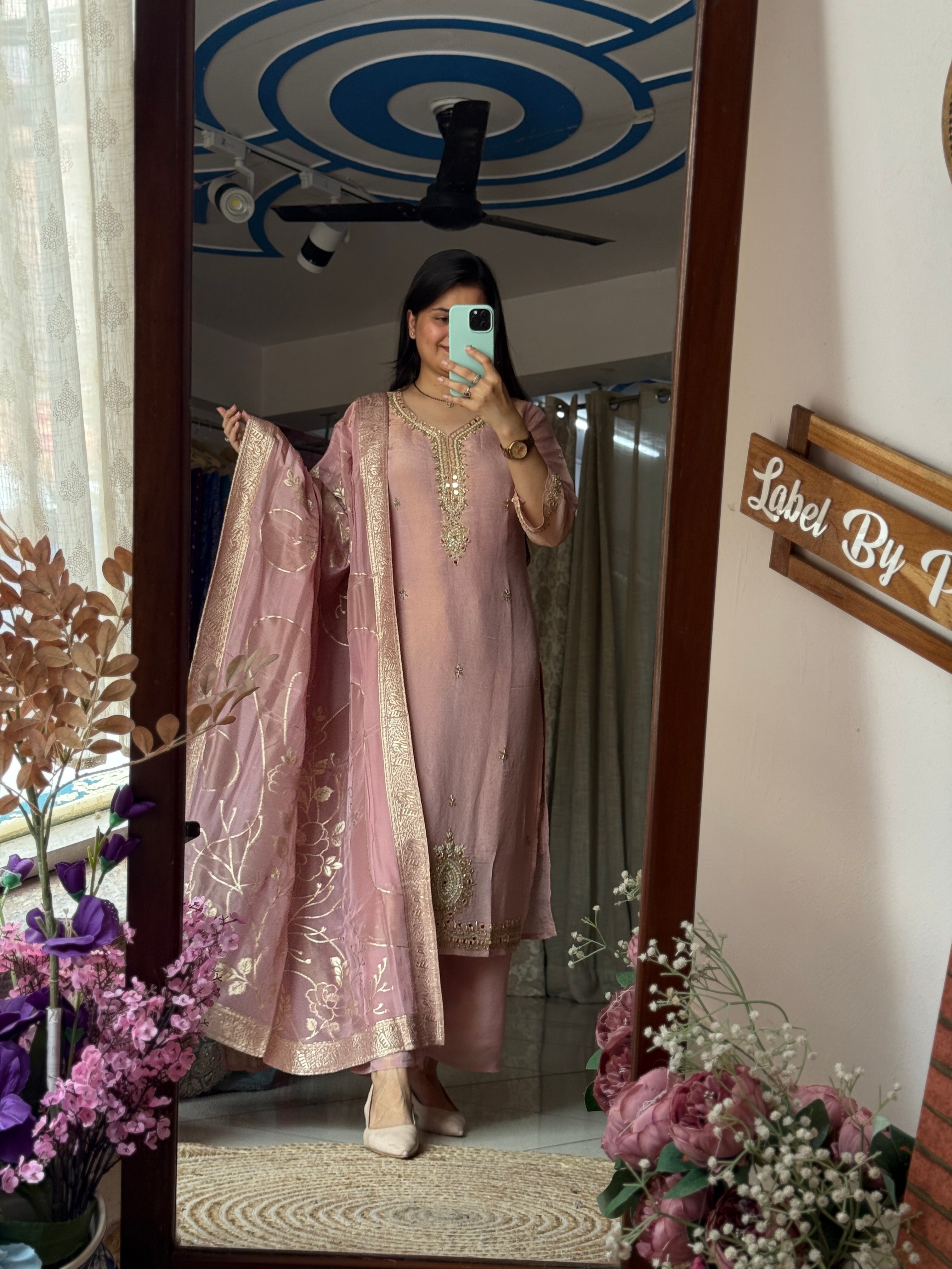 Hand Embroidered Tissue Shimmer Suit| Designer sleeves, bottom with Pure Duppata lacework| within lining