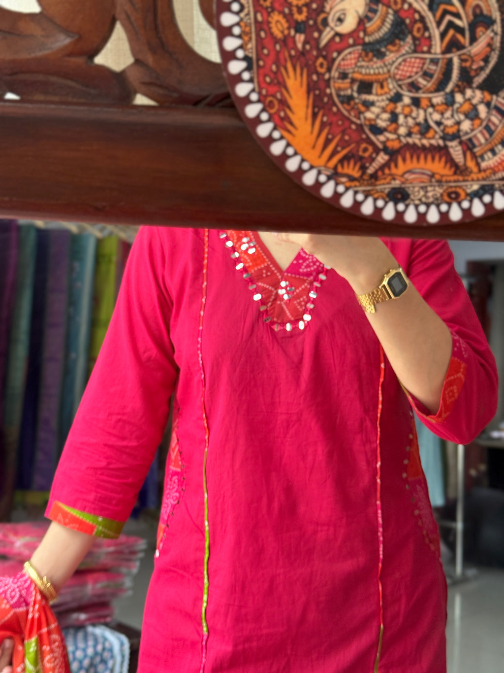 Pink Bandhej| Dual tone | Beautiful Suit Set | Cotton| With pocket in kurta & Bottom