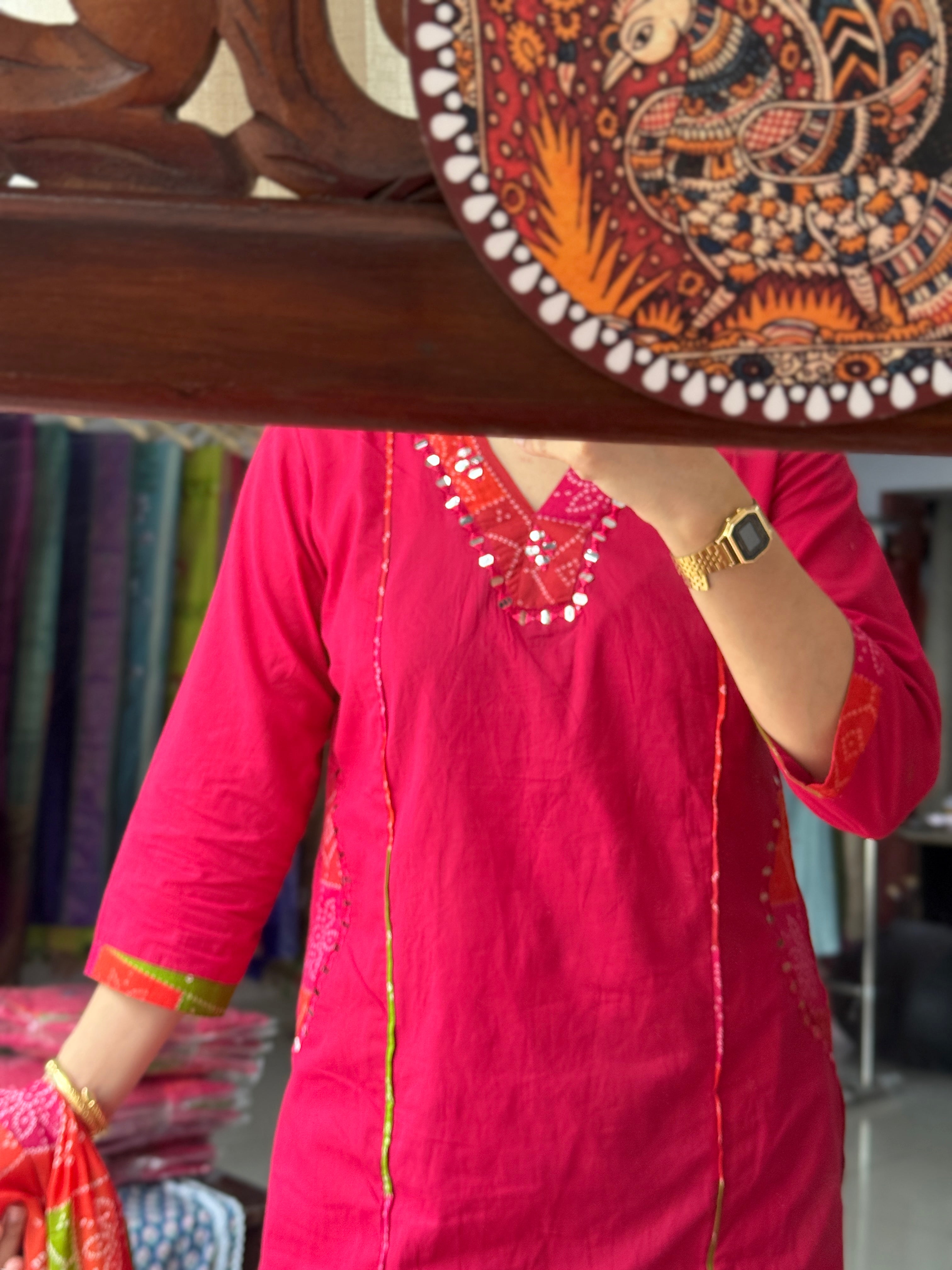 Pink Bandhej| Dual tone | Beautiful Suit Set | Cotton| With pocket in kurta & Bottom