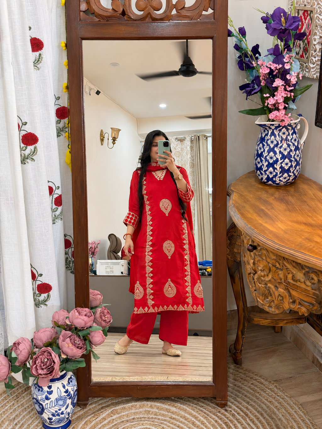 Red Karwachauth Silk Suit | Cotton lining in top + bottom| Embroidered back | Silk Duppata| Zari Embroidered