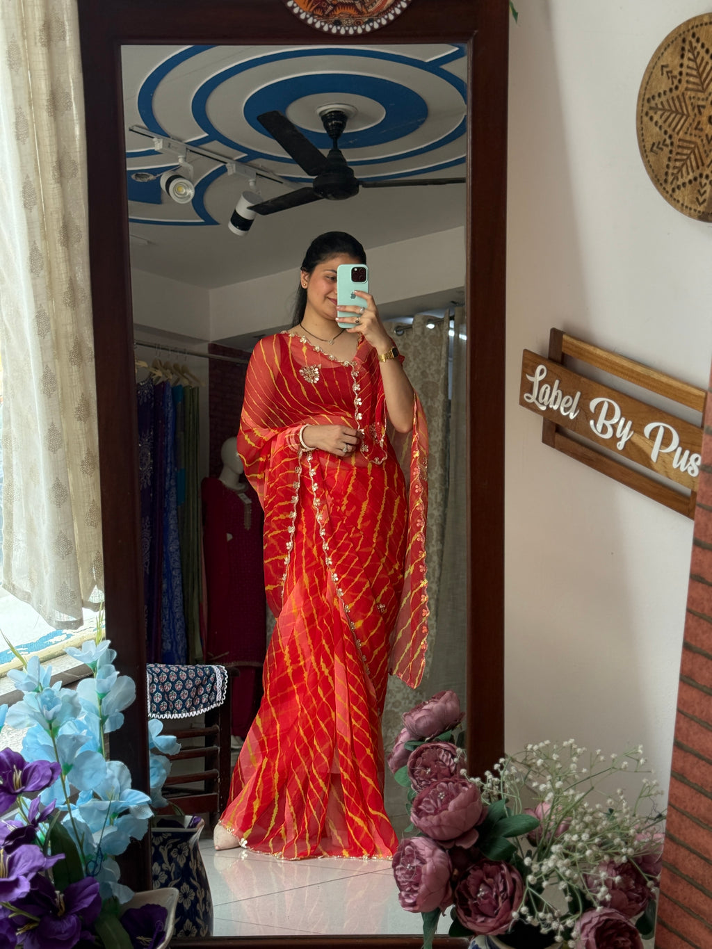 Orange Yellow |Pure Georgette Handblock Digital Printed Saree| Handwork cutdana buta detailing| With blouse