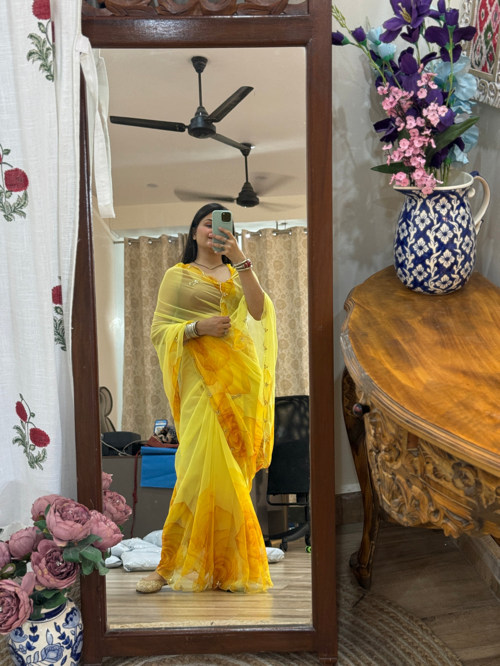 Floral Pure Georgette Handblock Digital Printed Saree| Handwork cutdana detailing| Without blouse