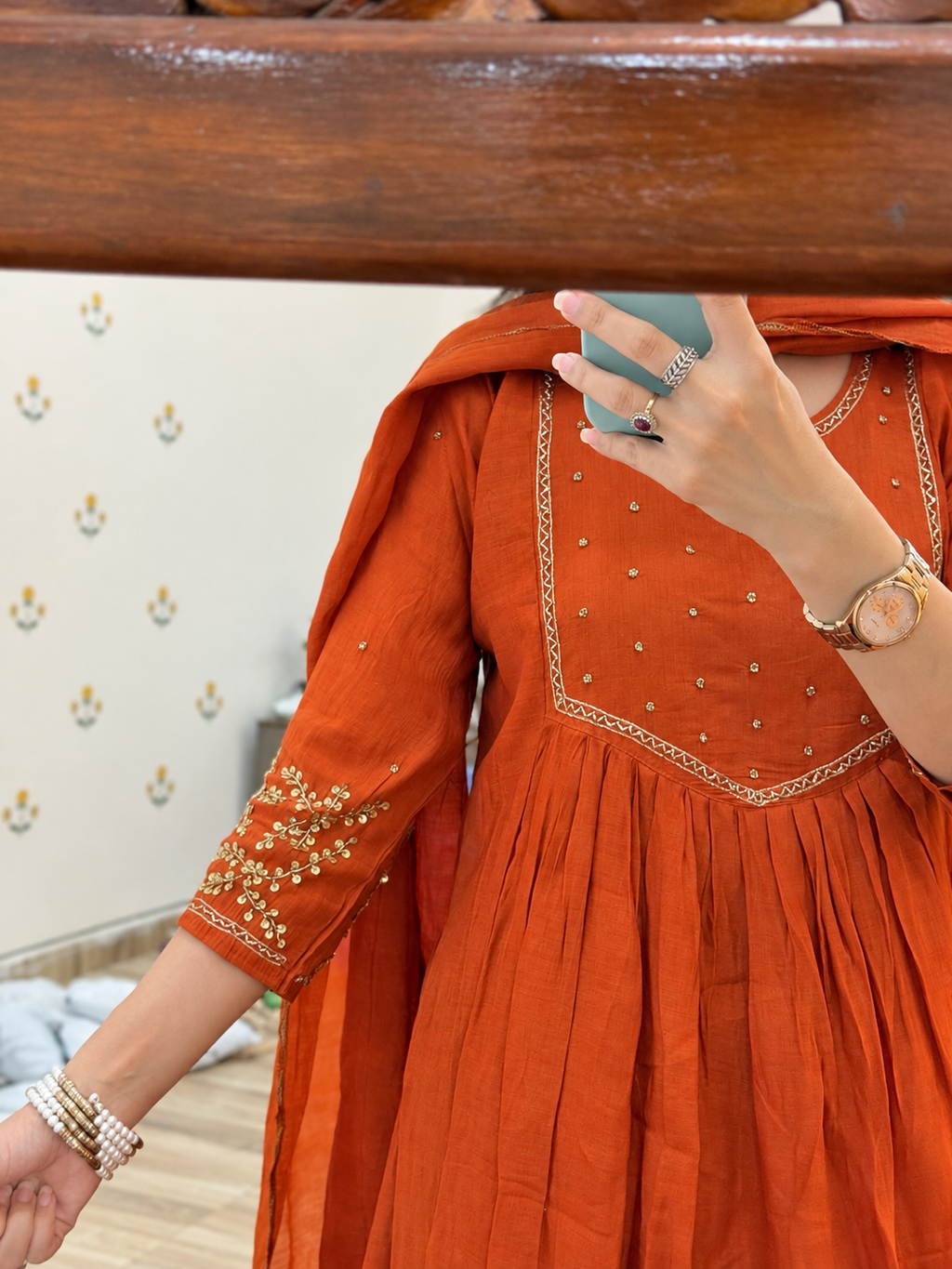 Rust Orange Mul Chanderi Suit | With cotton lining| Hand Embroidered