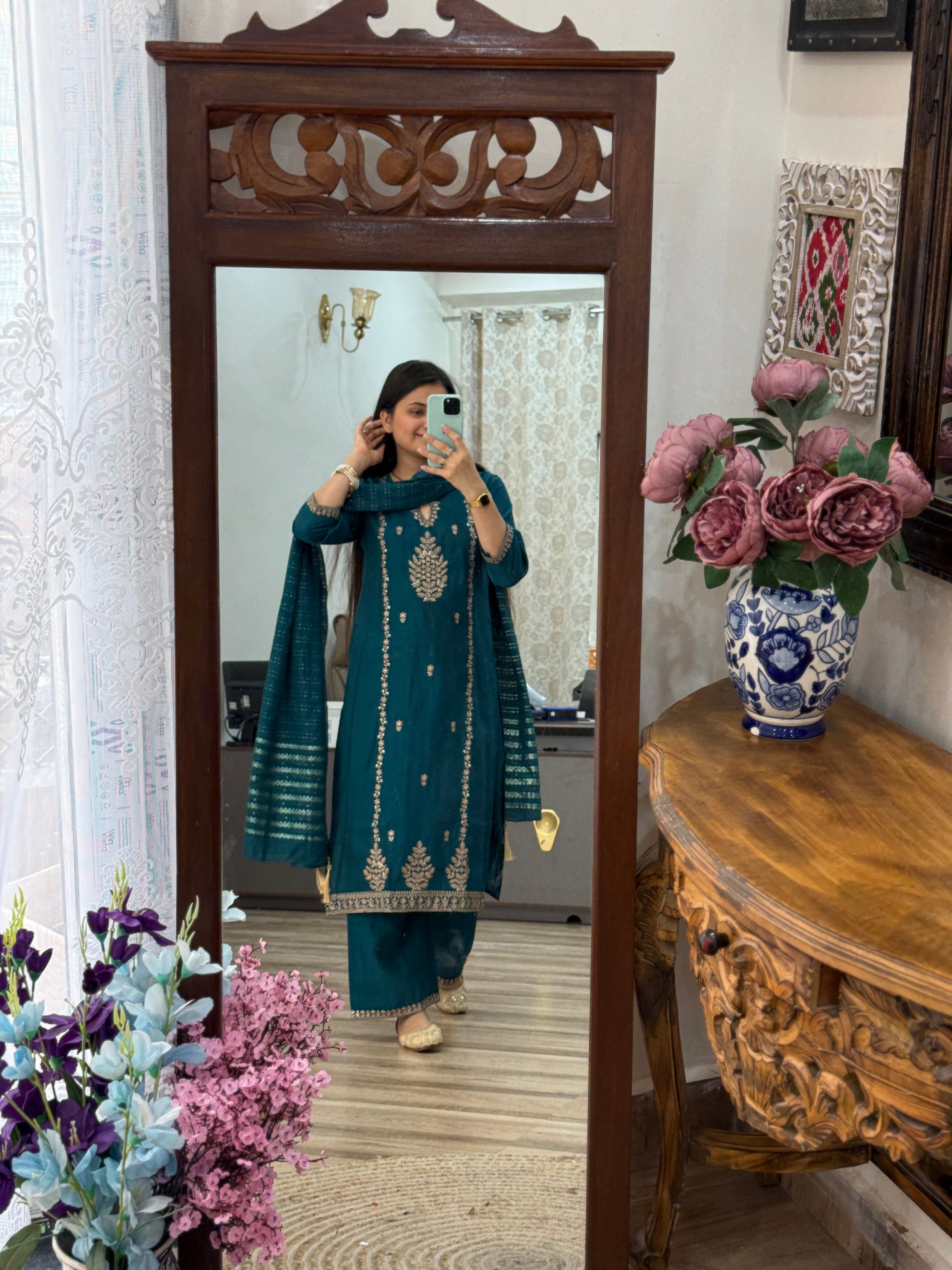 Peacock blue suit | With cotton lining| Embroidered| Stylish neckline
