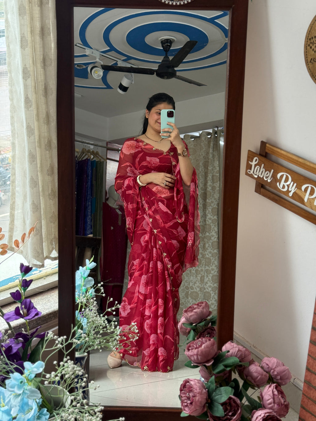Red Pure Georgette Handblock Digital Printed Saree| Handwork cutdana detailing| Without blouse