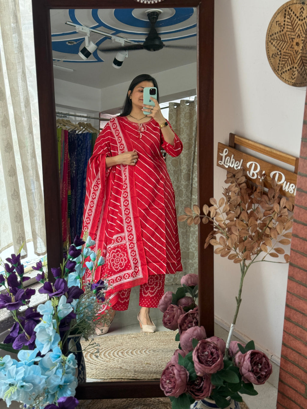 Red cotton Leheriya with bandhani bottom and a cotton Duppata