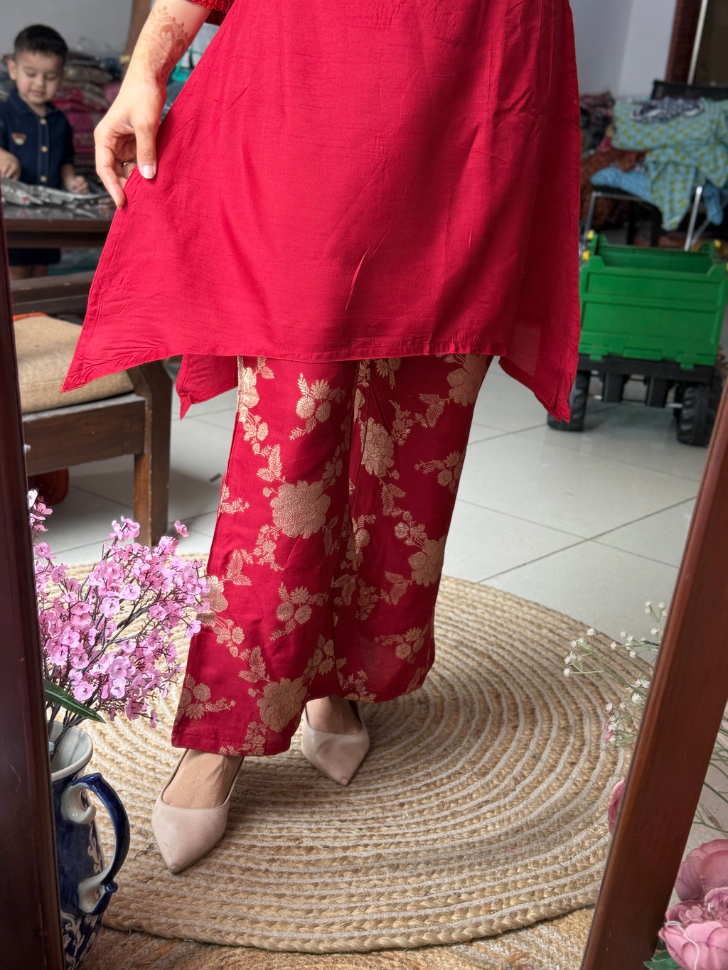 Crimson Pink Co Ord Set| Dola Silk | Cotton lining in top + bottom | soft Brocade Silk Pants