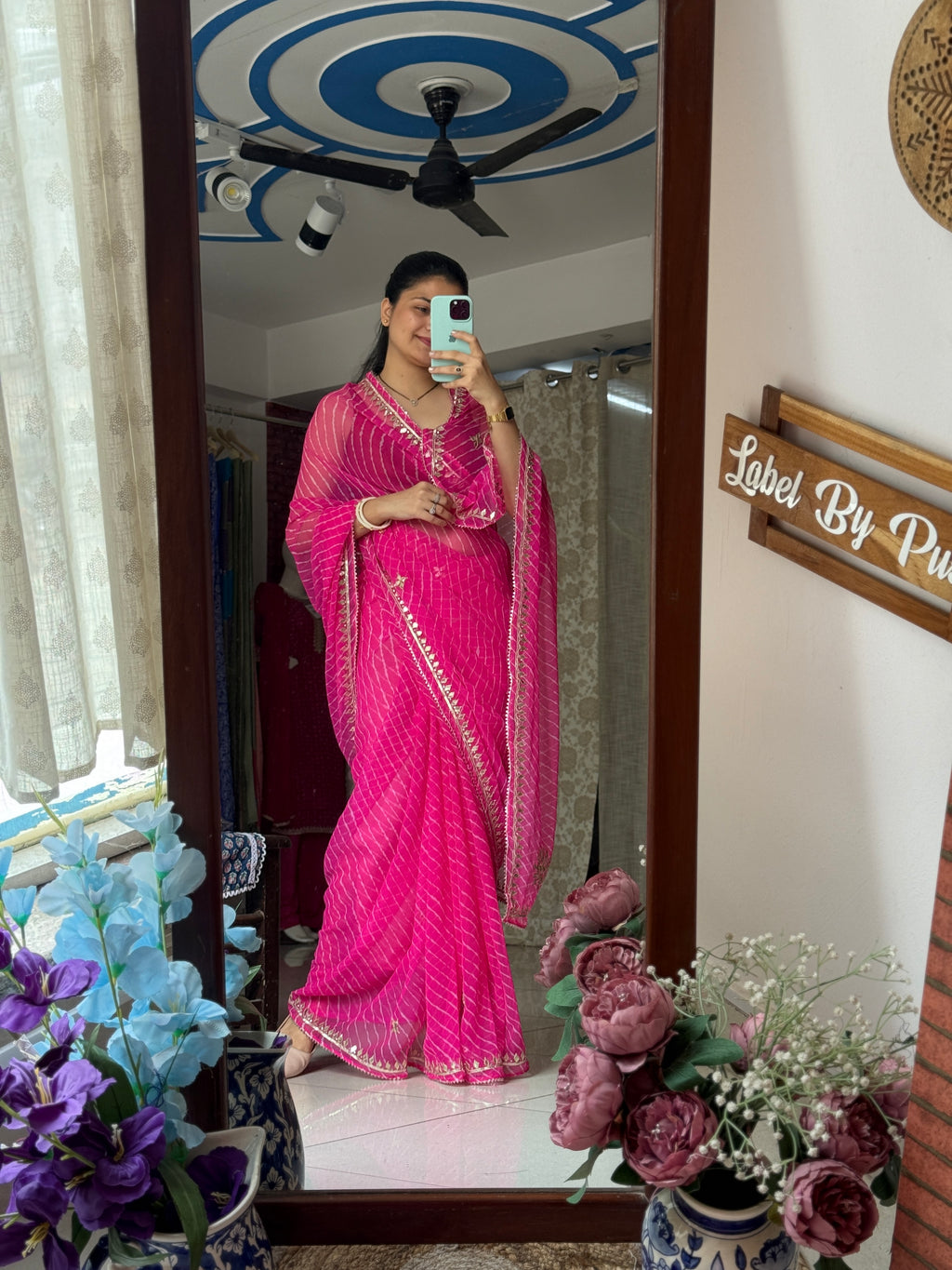 Pink  Chiffon Leheriya Saree|  Handwork Gota patti work| With blouse