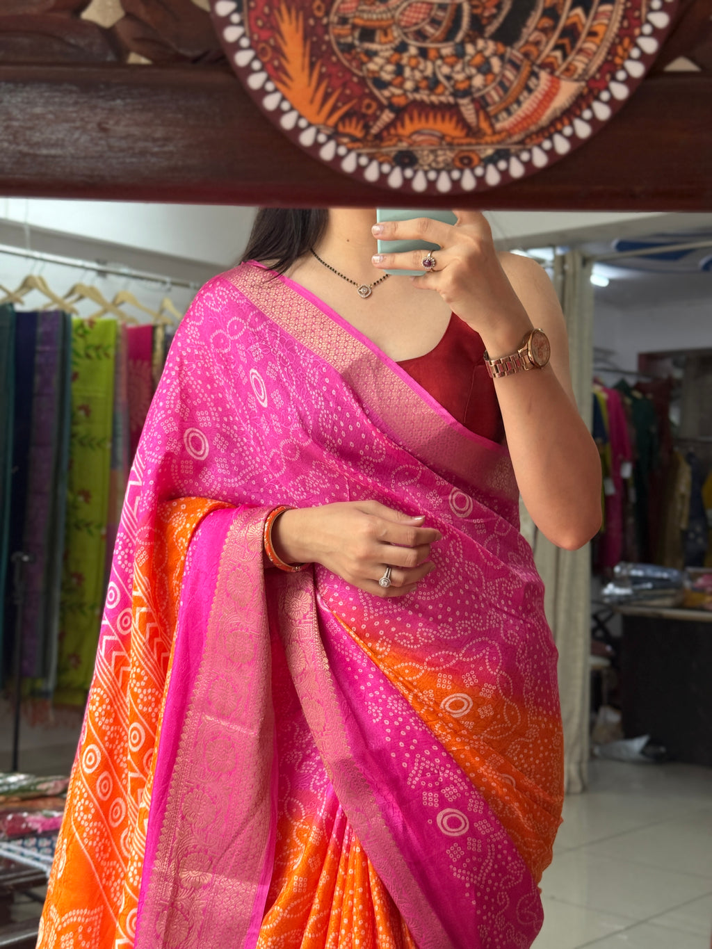 Pink Orange   Bandhani Saree|  Woven border on both sides| With blouse| Self weave dola silk