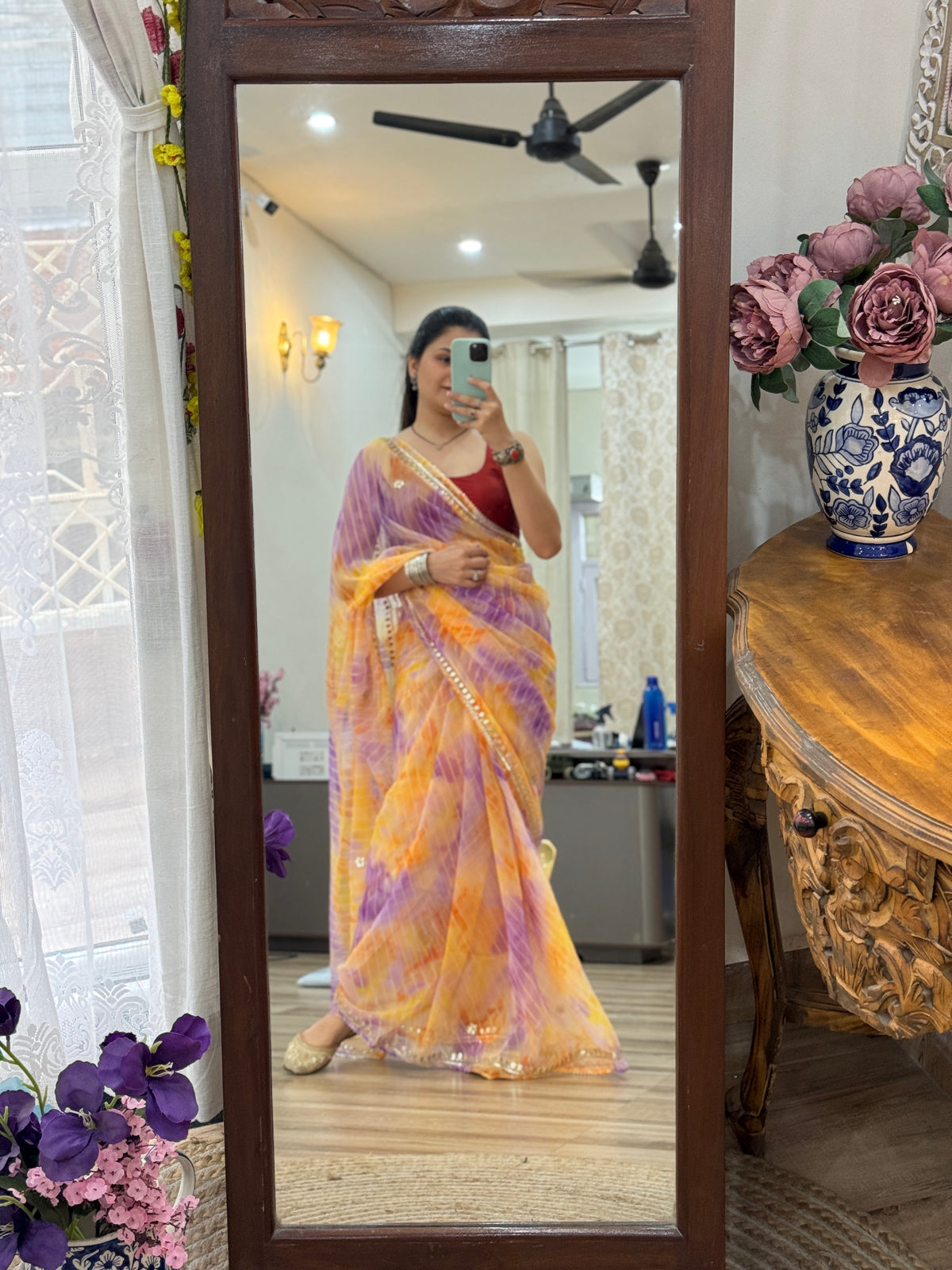Dal tone Leheriya Georgette Leheriya Saree|  Handwork Gota patti work| With blouse u