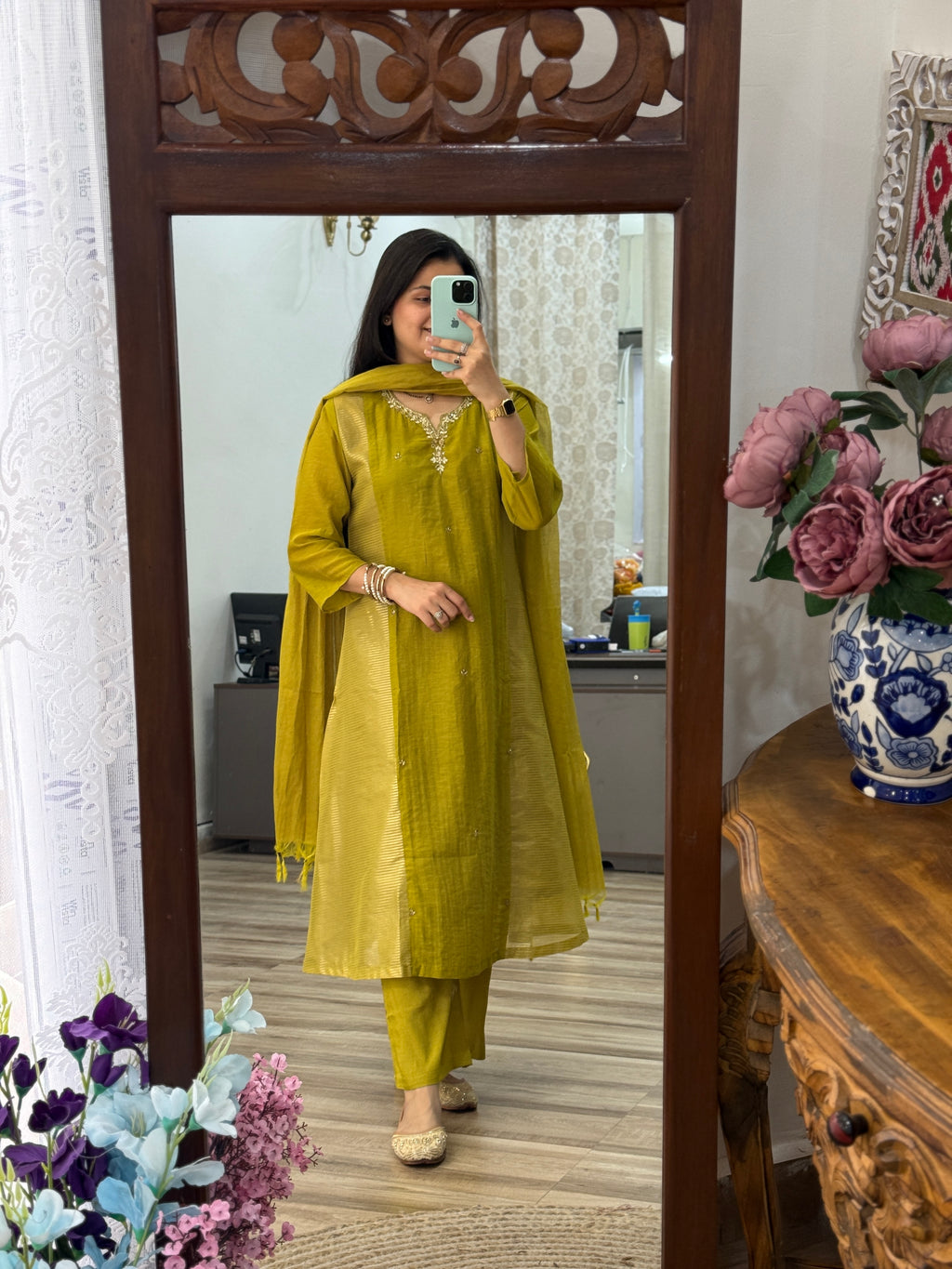 Mehendi Green Mul Chanderi Suit | Handloom Zari Beauty | Cotton lining| With Duppata|Classy & Elegant Suit Set