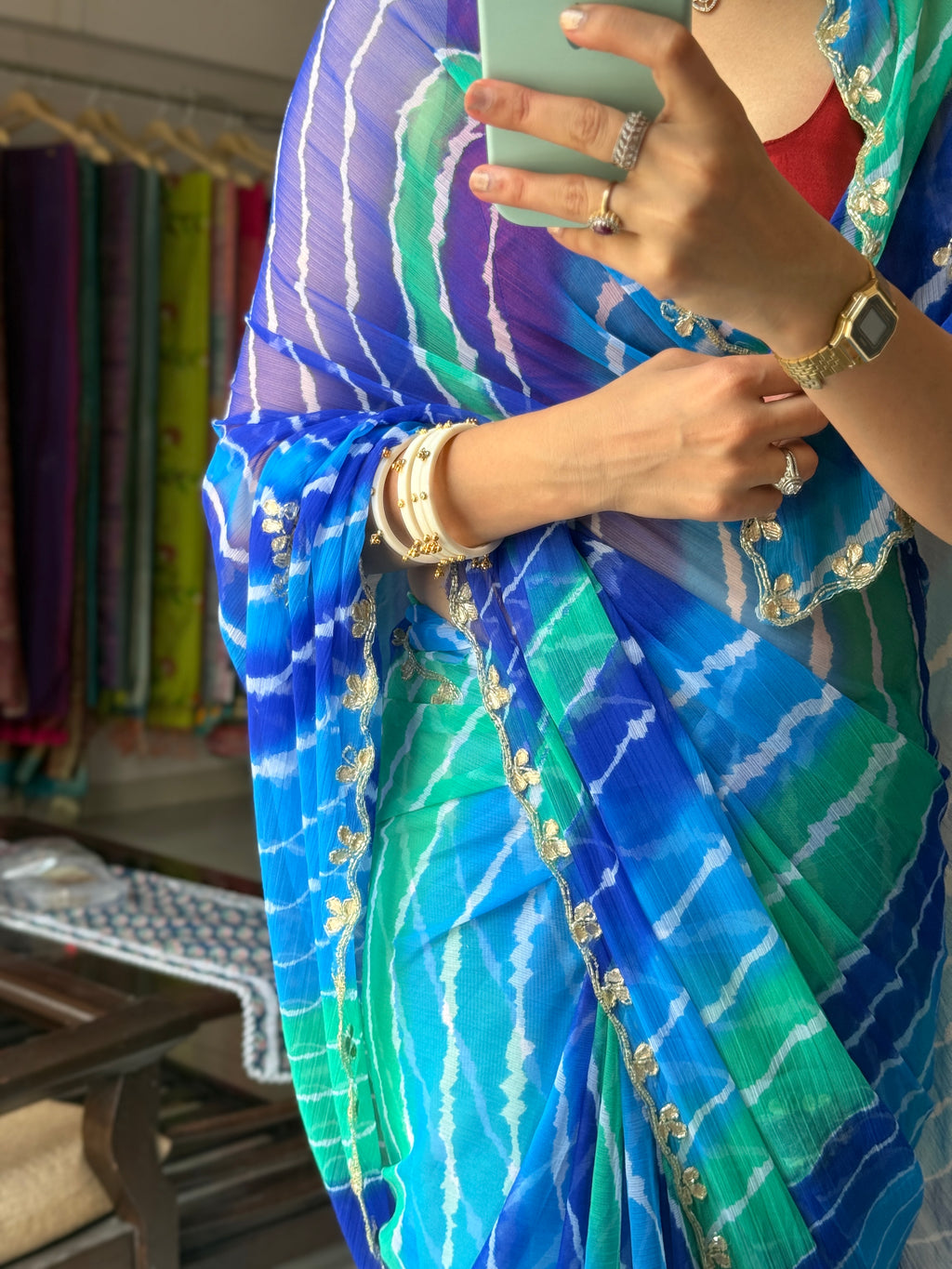 Blue Green Pure Georgette Handblock Digital Printed Saree| Handwork cutdana buta detailing| With blouse