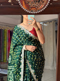 Green Pure Gaji Silk Bandhani Saree with Gotta Patti Handwork|Comes with blouse | Premium Handwork Saree