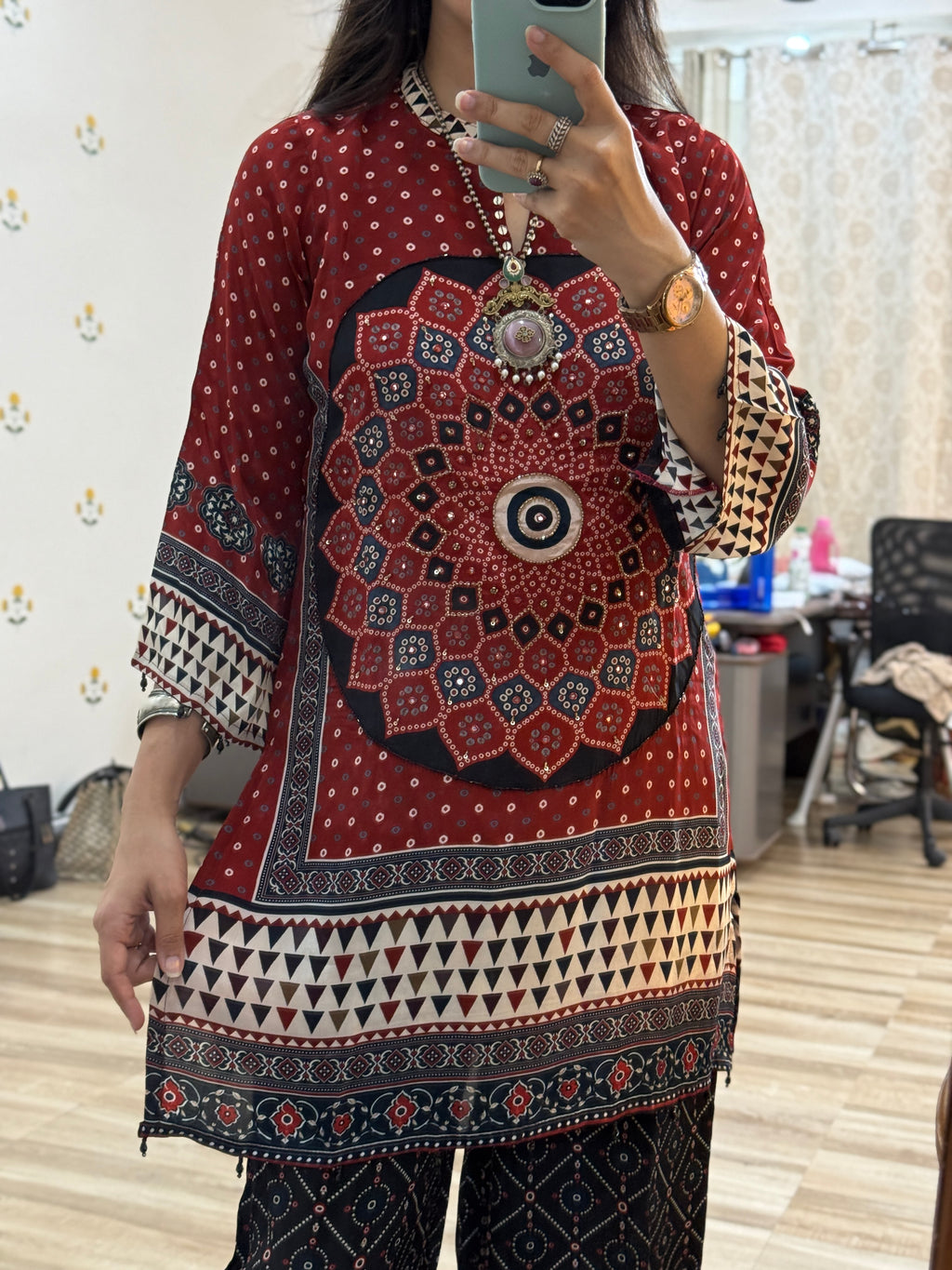 Ajrakh Hand Embroidered Co Ord Set| Crepe Fabric| With cotton lining in top + bottom