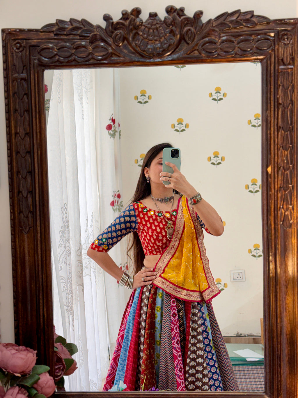 Garba Skirt| Cotton Block Printed Fabric| With inner| Gota pattiwork | 9-10 meters flair
