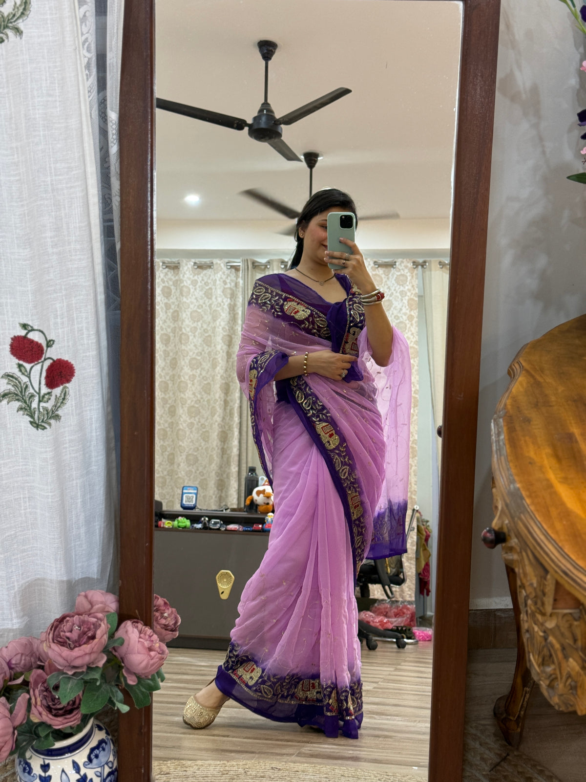 Dual purple Zari Embroidered| Georgette Sarees| Without Blouse