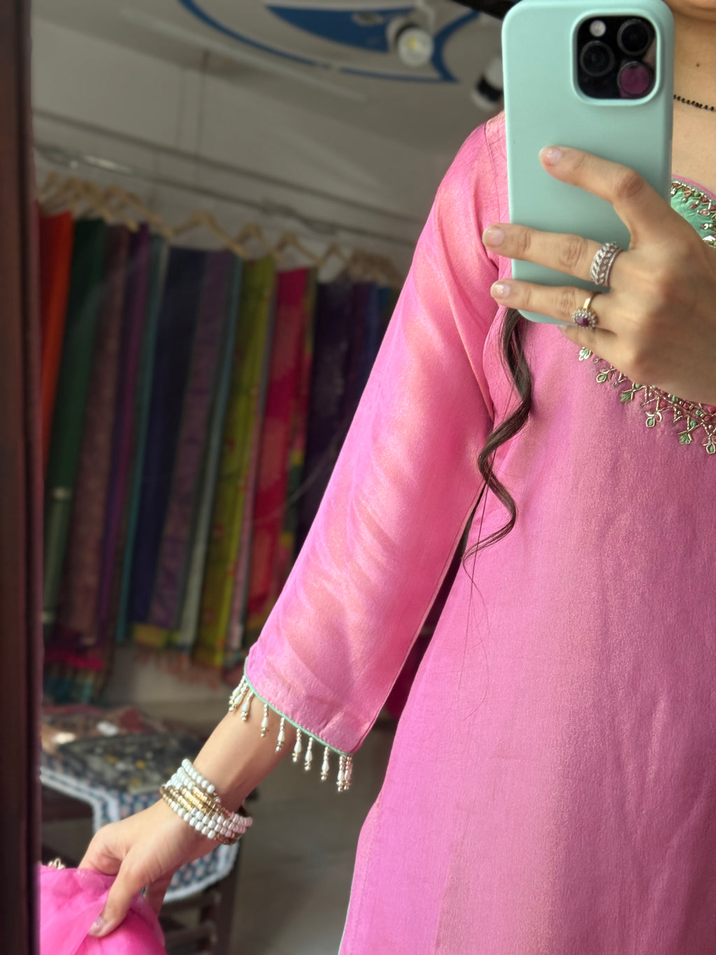 Rakhi Special Handwork Sharara Suit | Hand embroidered | With lining in top and bottom | dual tone Duppata|Tissue Shimmer