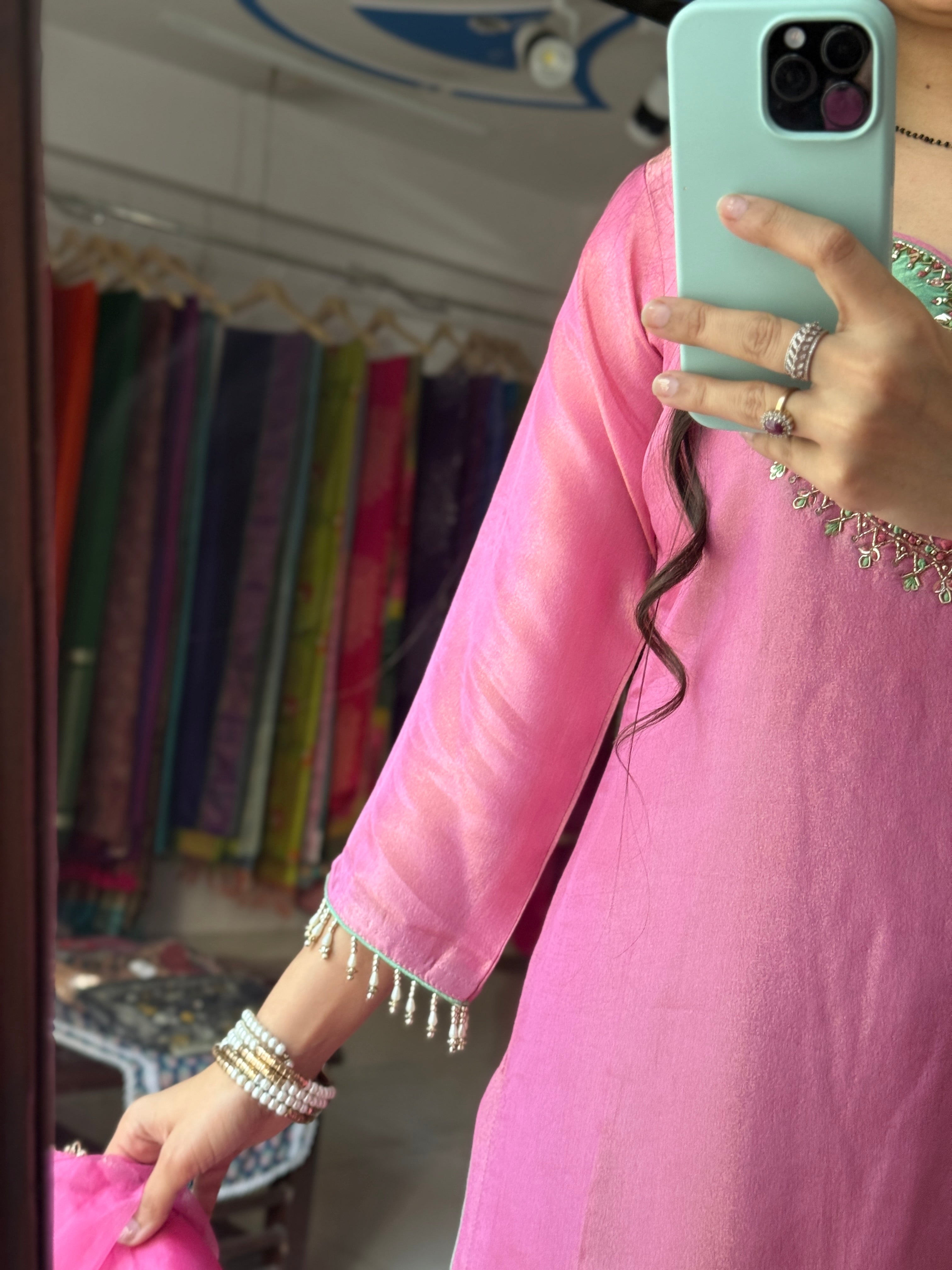 Rakhi Special Handwork Sharara Suit | Hand embroidered | With lining in top and bottom | dual tone Duppata|Tissue Shimmer