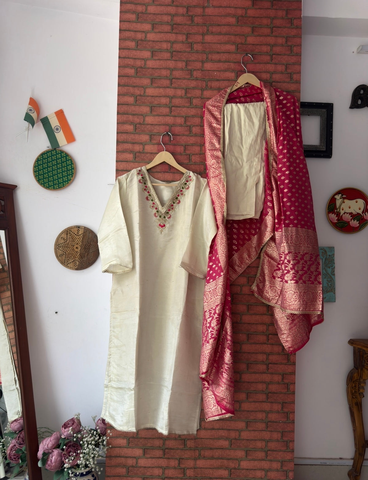 Pink & Creme Tissue Shimmer Suit |With lining| Embroidered| Silk