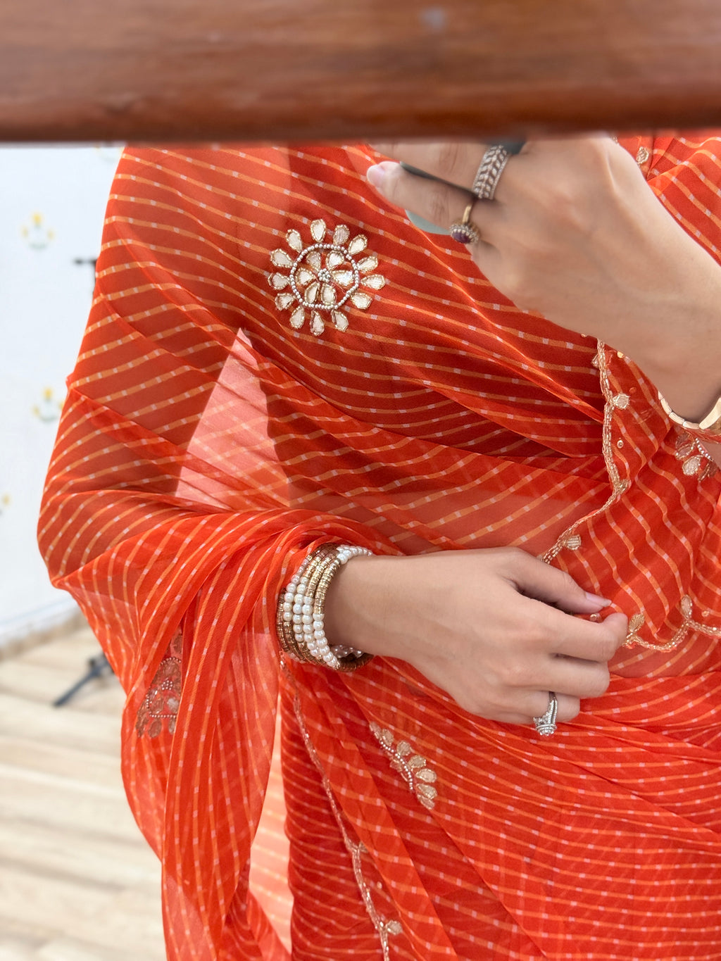 Orange Leheriya |Pure Georgette Digital Printed Saree| Handwork cutdana detailing| Without blouse
