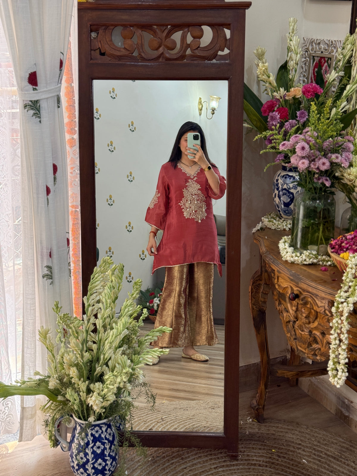 Brocade Pants Co Ord Set| Embroidered Dola Silk Kurti| With Cotton Lining in top & bottom