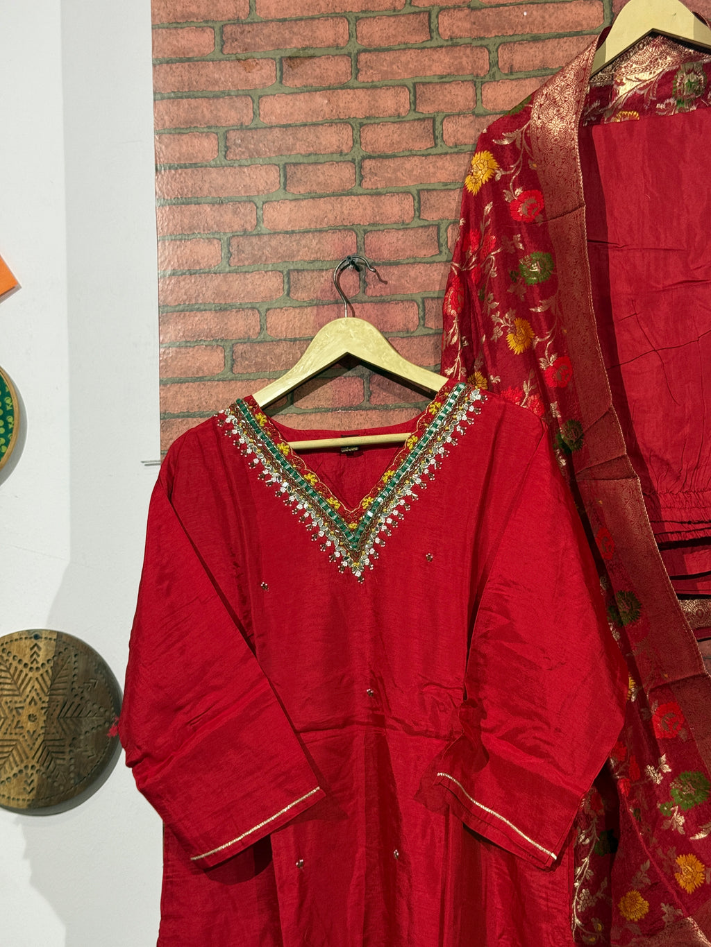 Red Meenakari  Suit Set| With lining| Embroidered| Silk| Banarsi Meenakari Duppata