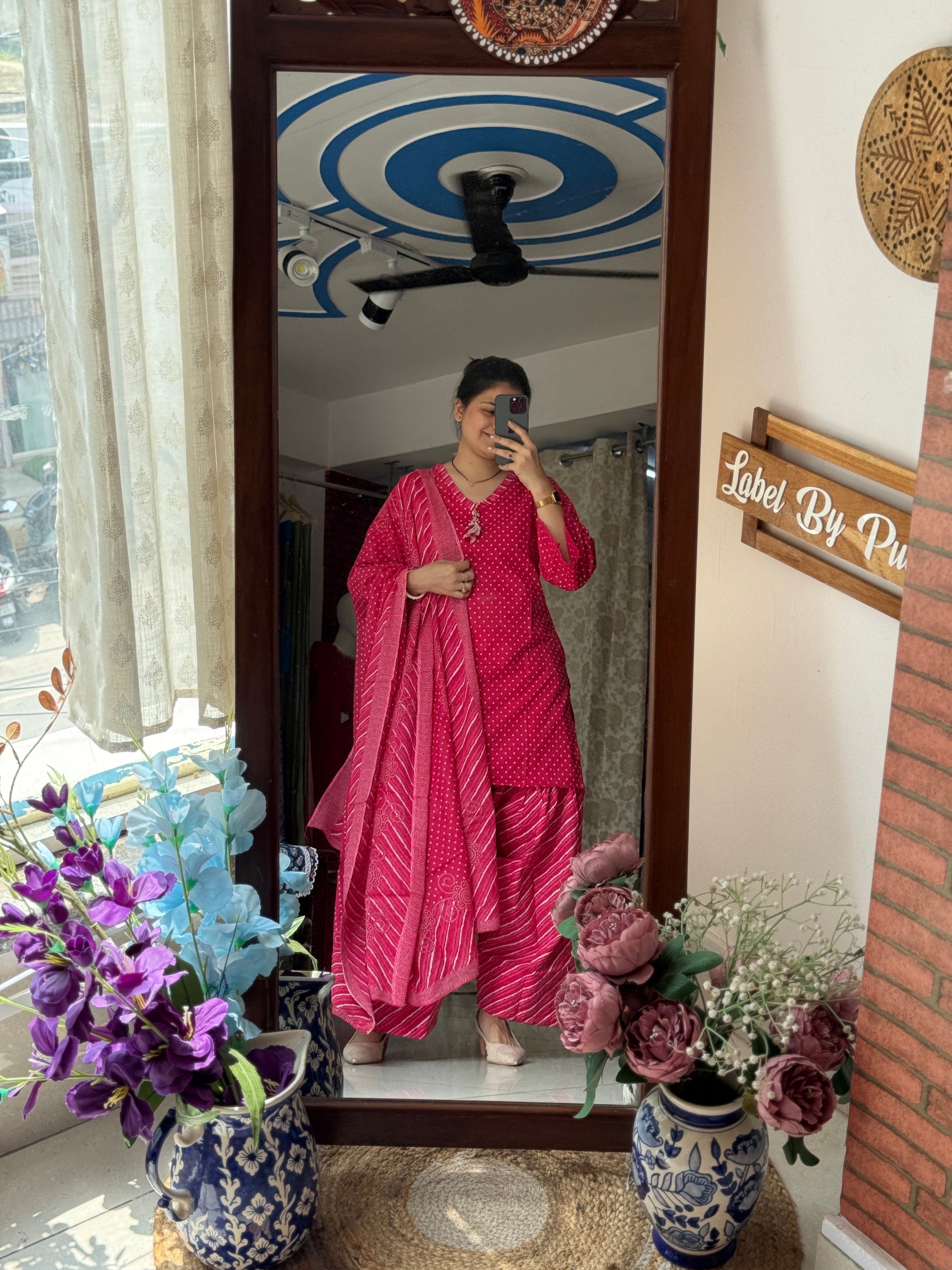 Pink  Farshi Salwar Set| Cotton | Leheriya Salwar| Cotton Duppata | Lacework