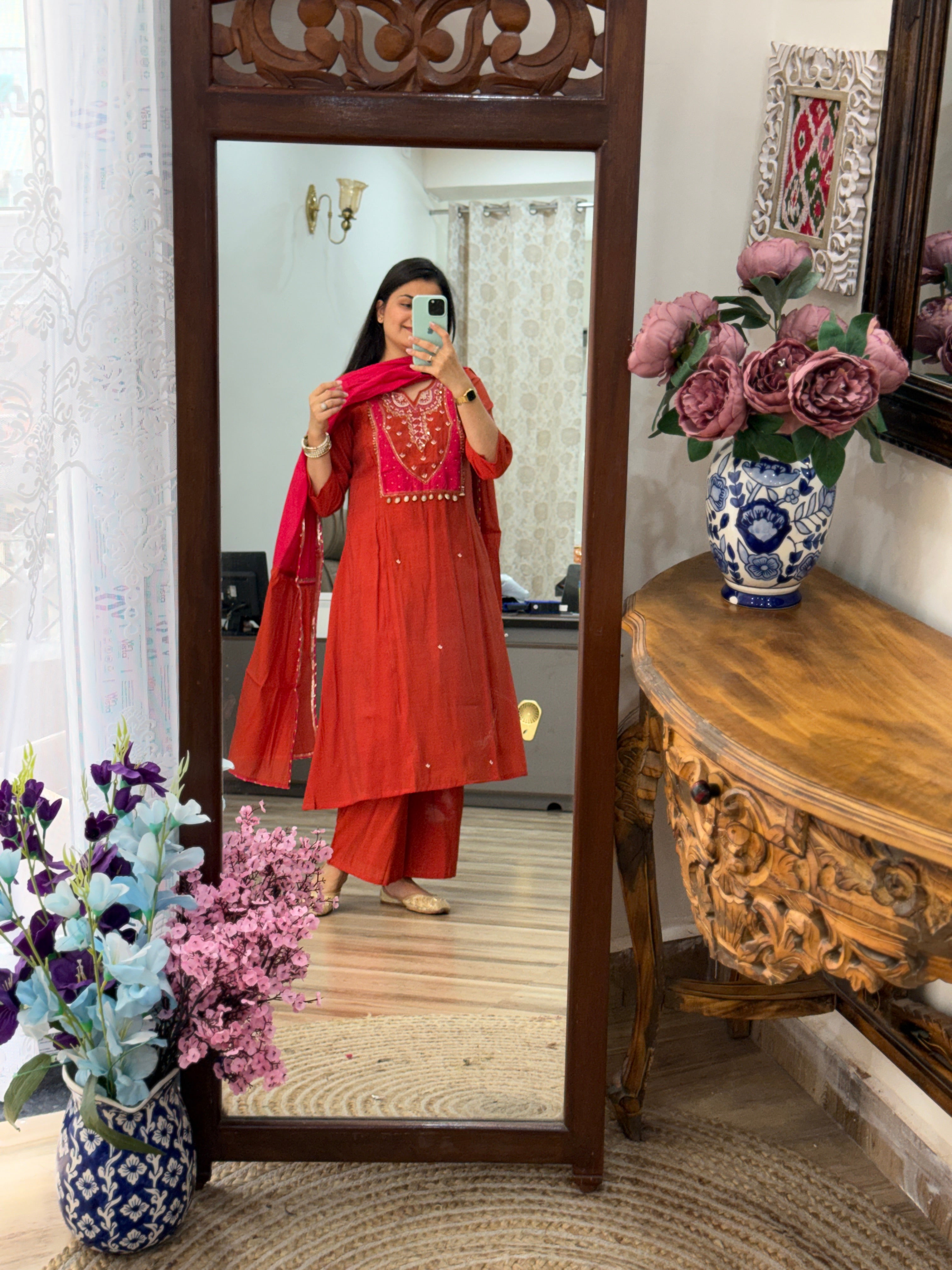 Viral Pink Orange suit | With cotton lining| Embroidered| Dual tone Duppata| Cotton Silk