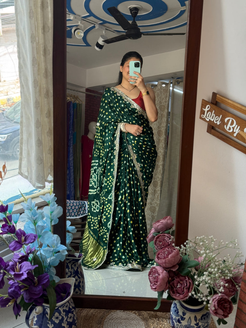 Green Pure Gaji Silk Bandhani Saree with Gotta Patti Handwork|Comes with blouse | Premium Handwork Saree