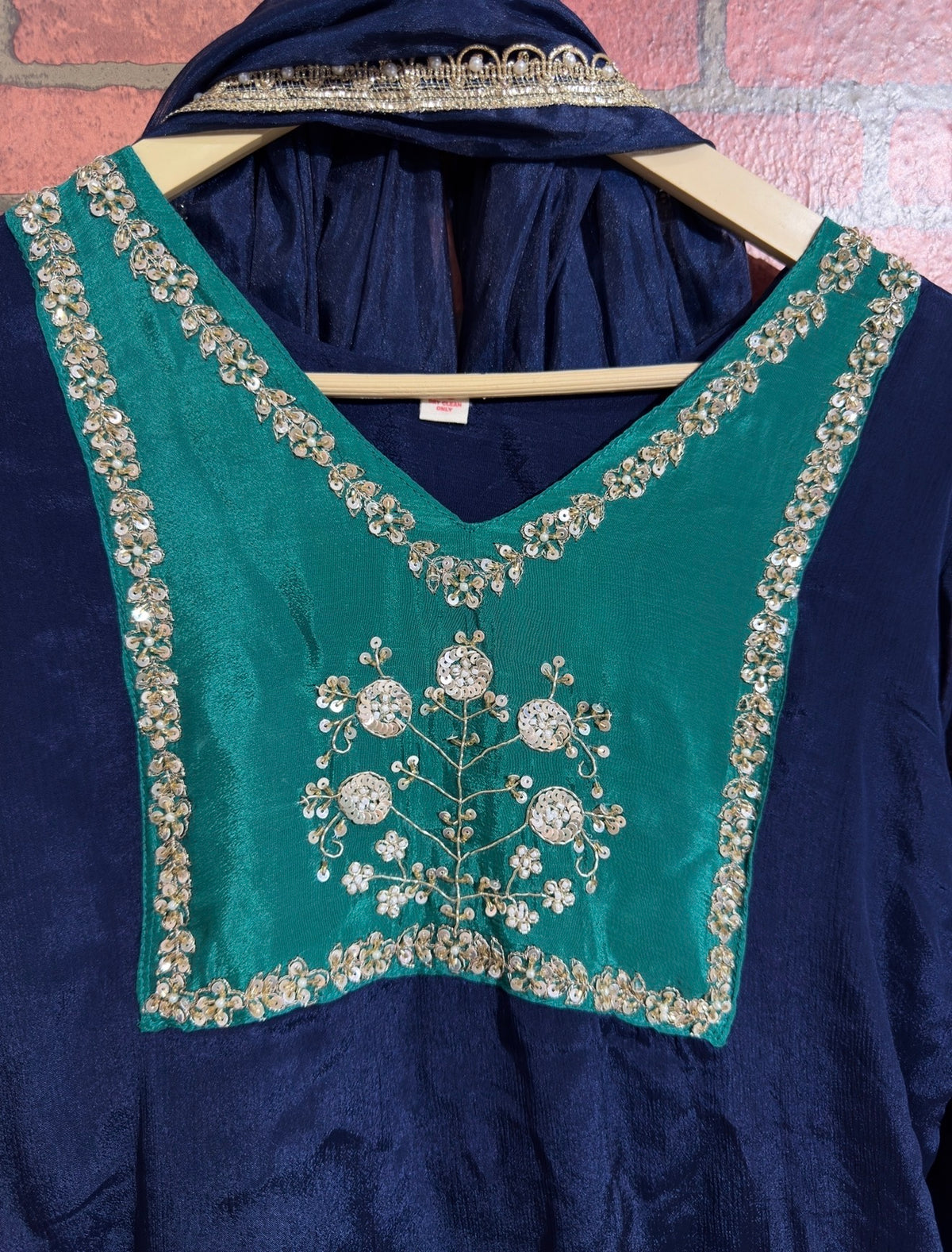 Blue Green Chinon Suit Set with Hand Embroidered Neckline & Designer sleeves and bottom with dual tone Duppata with lacework