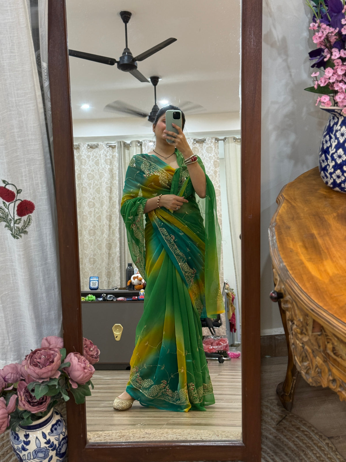 Peacock Green Zari Embroidered| Georgette Sarees| Without Blouse