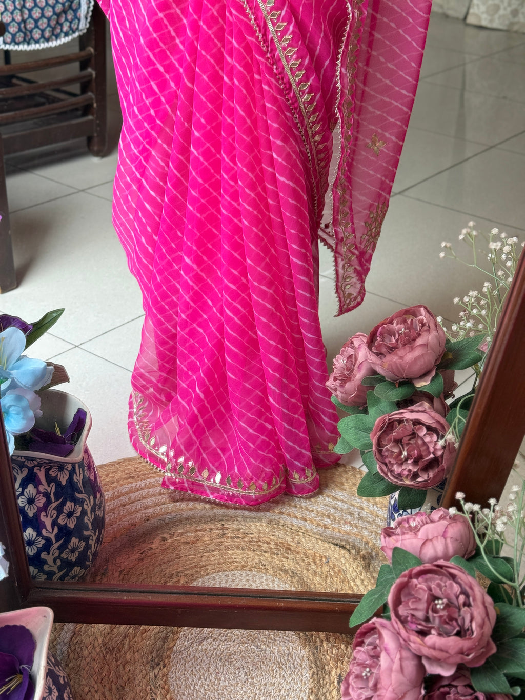 Pink  Chiffon Leheriya Saree|  Handwork Gota patti work| With blouse