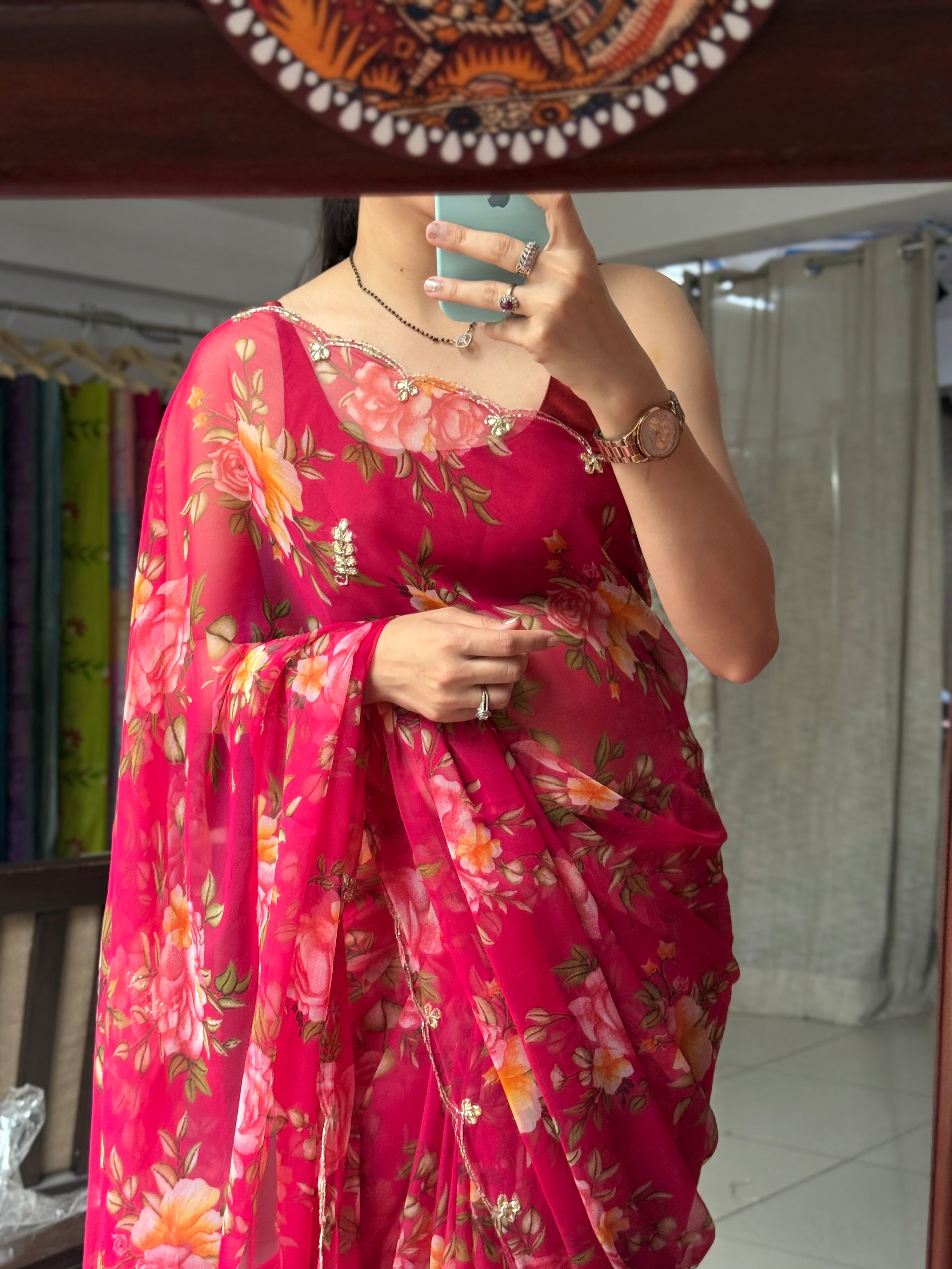 Crimson Pink Pure Georgette Handblock Digital Printed Saree| Handwork cutdana detailing| Without blouse