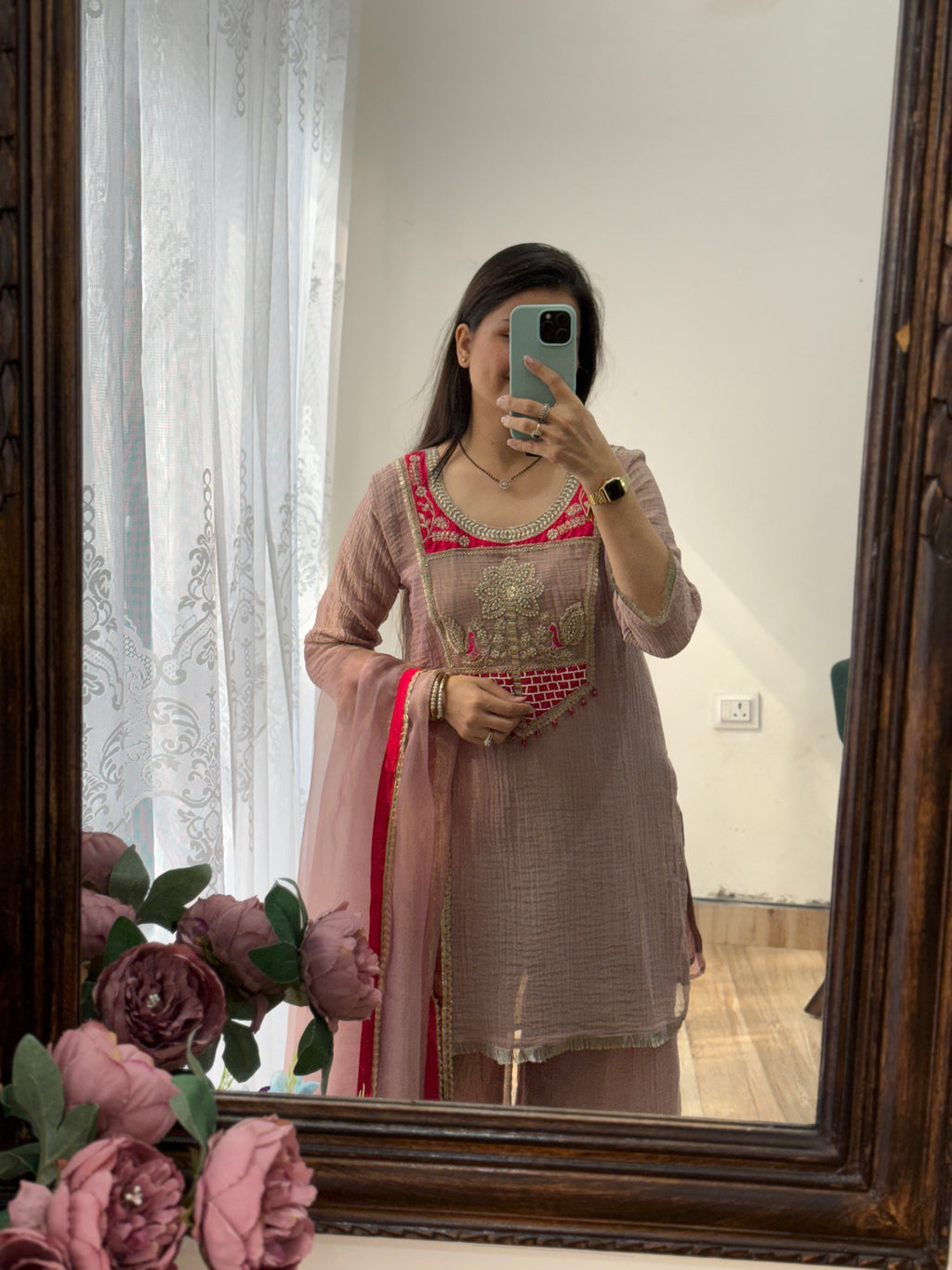 Pastel Pink Crushed Tissue Suit Set| Embroidered |With lining in top & bottom| beautiful Duppata