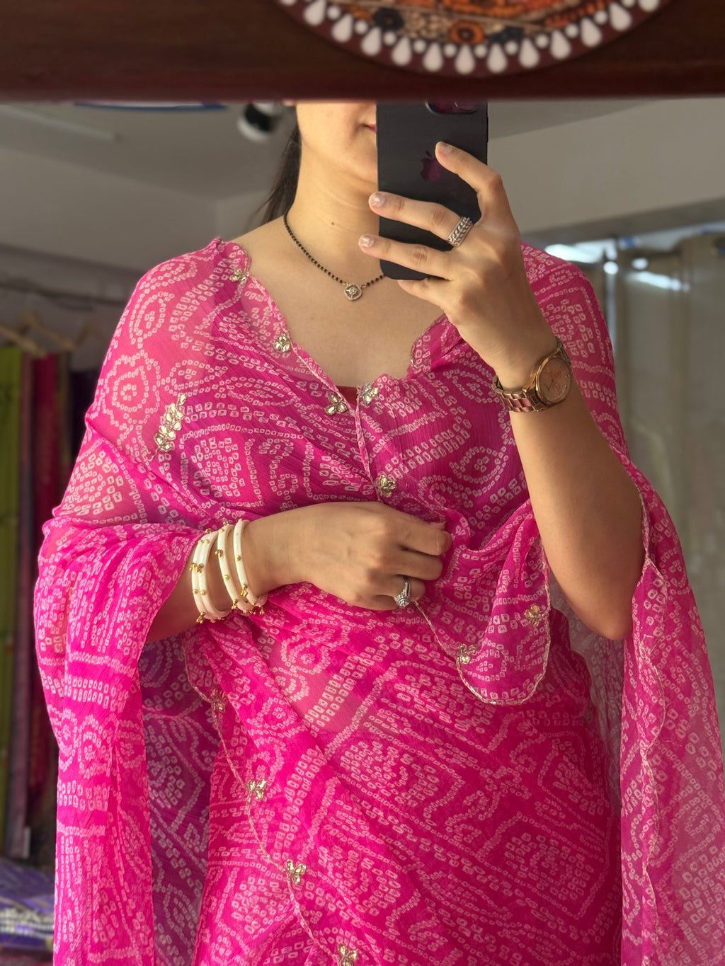 Pink bandhej |Pure Georgette Digital Printed Saree| Handwork cutdana detailing| Without blouse