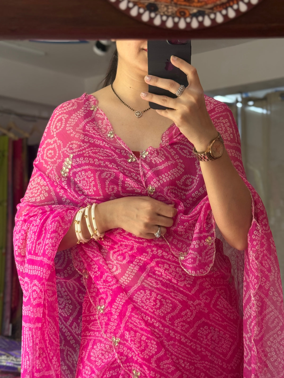Pink bandhej |Pure Georgette Digital Printed Saree| Handwork cutdana detailing| Without blouse