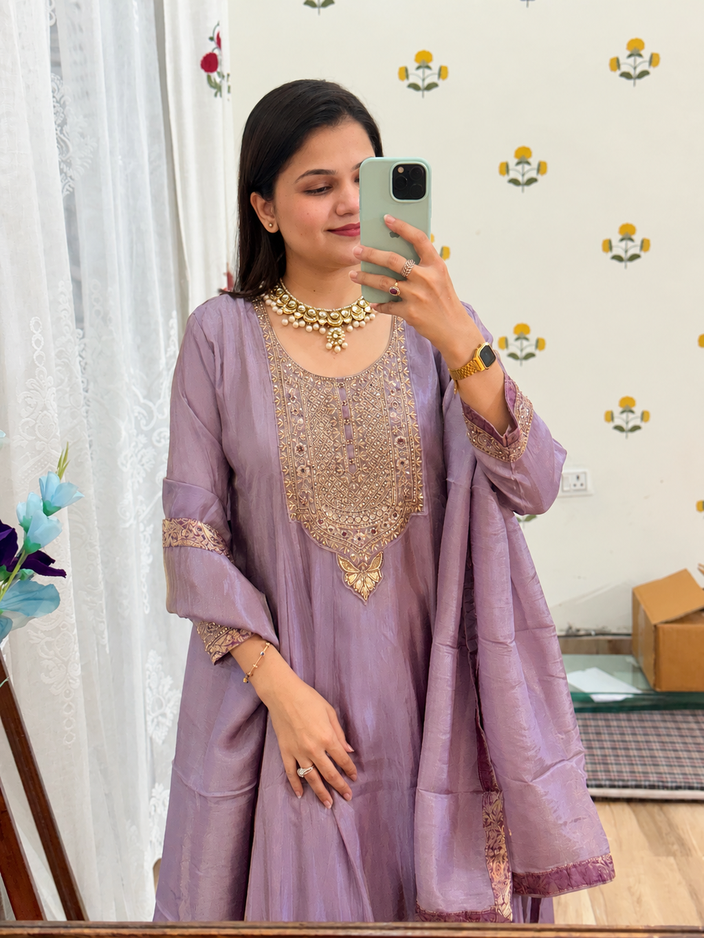 Tissue Shimmer Embroidered Anarkali Suit| with lining| Banarsi Border| Hand Embroidered