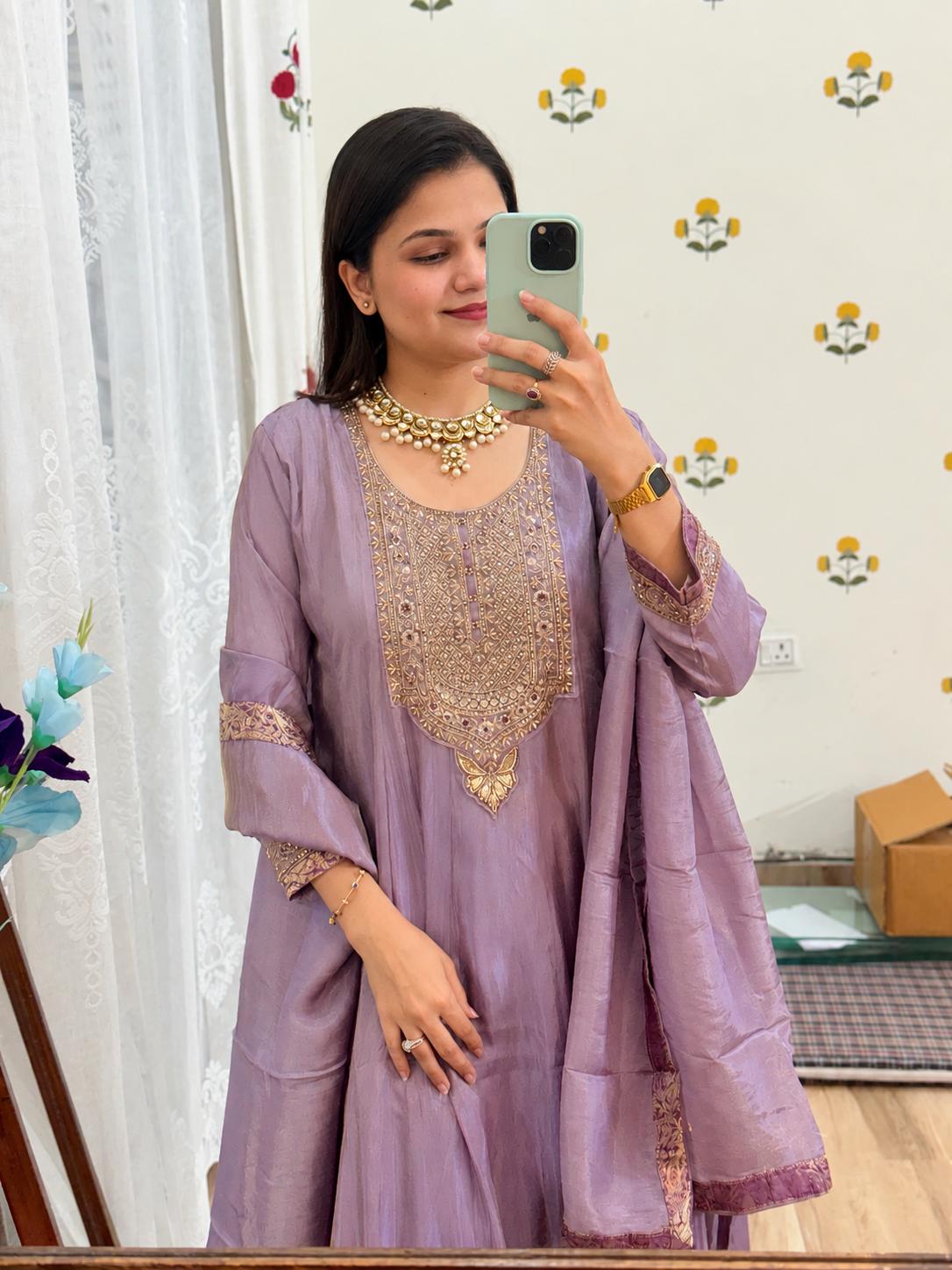 Tissue Shimmer Embroidered Anarkali Suit| with lining| Banarsi Border| Hand Embroidered