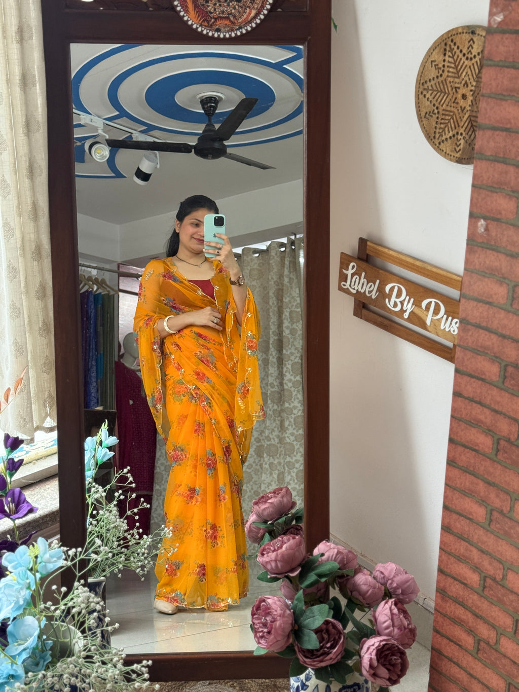 Yellow Pure Georgette Handblock Digital Printed Saree| Handwork cutdana detailing| Without blouse