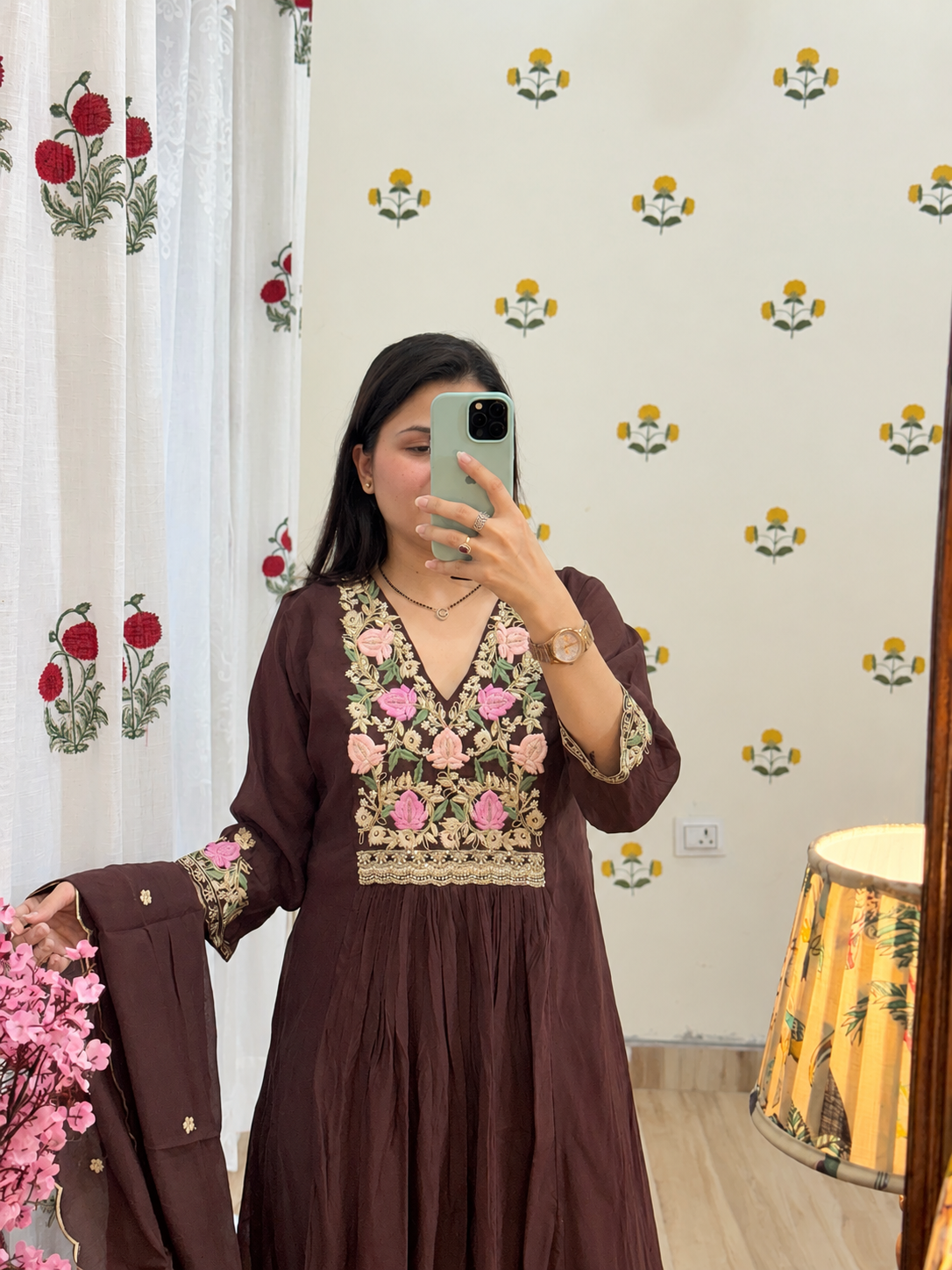 Brown Mul Chanderi Suit | With cotton lining| With Embroidered Duppata