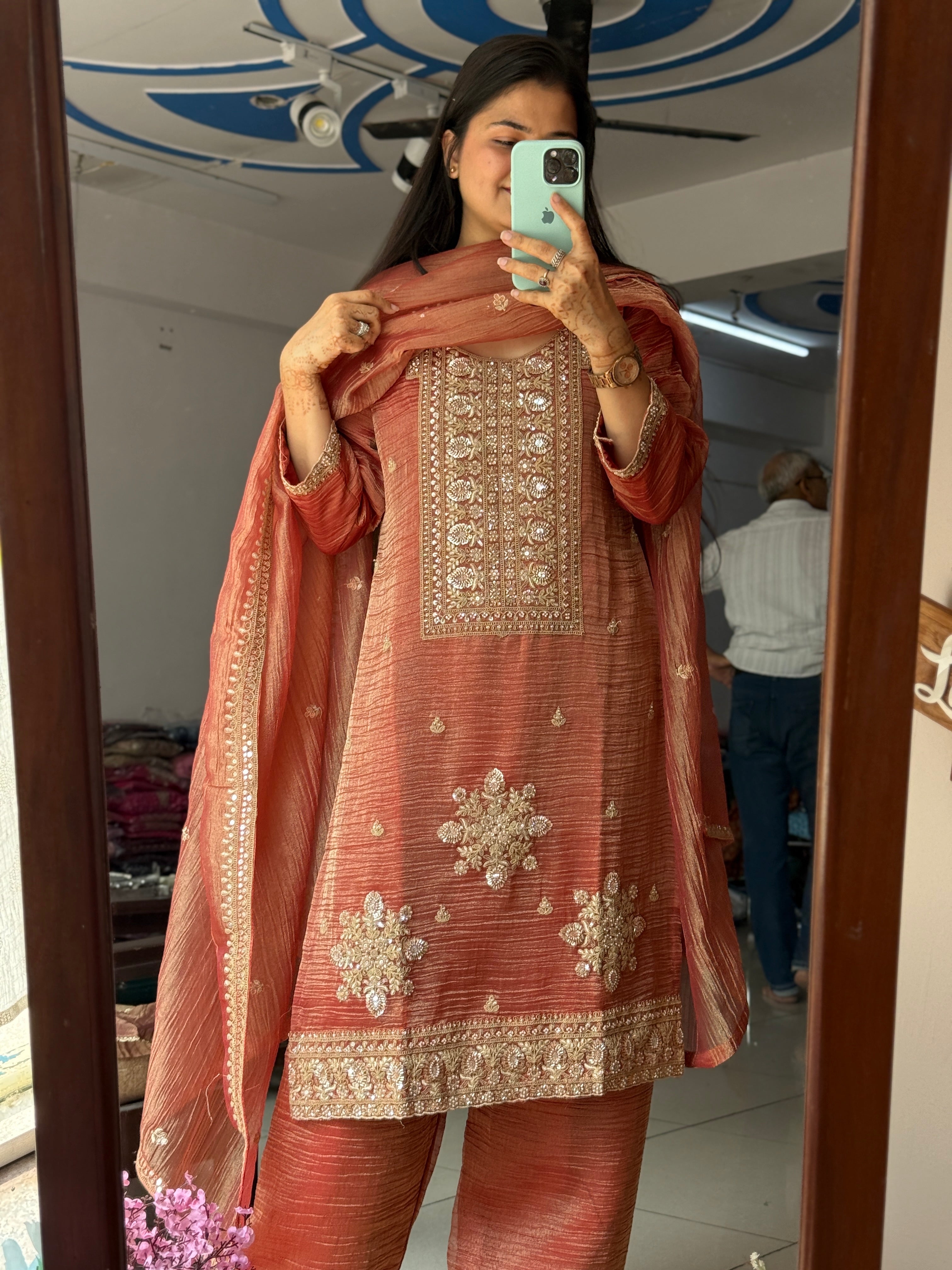 Peachy Orange Crushed tissue Suit Set |Cotton lining | Hand Embroidered |Heavy Duppatta