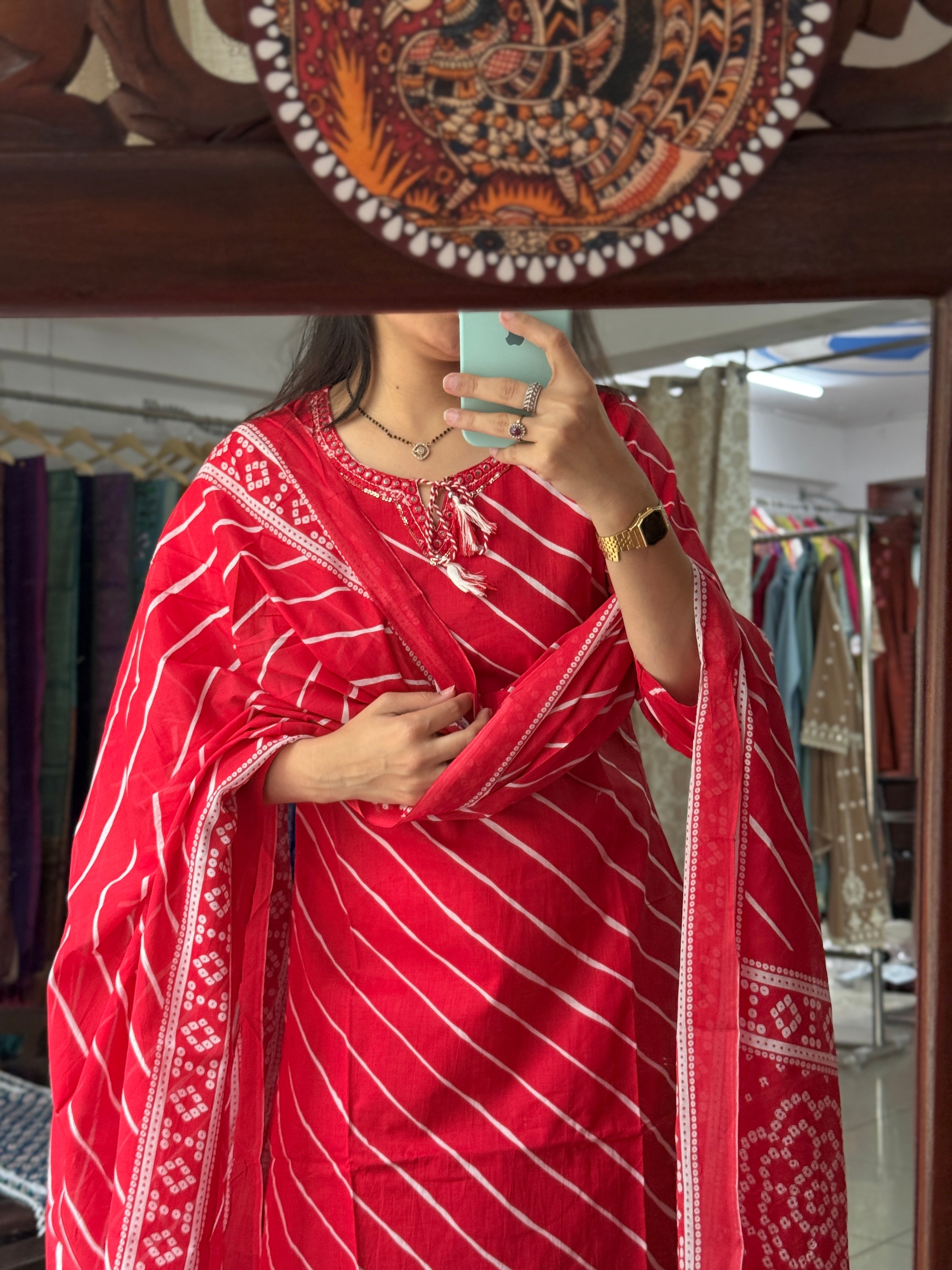 Red cotton Leheriya with bandhani bottom and a cotton Duppata