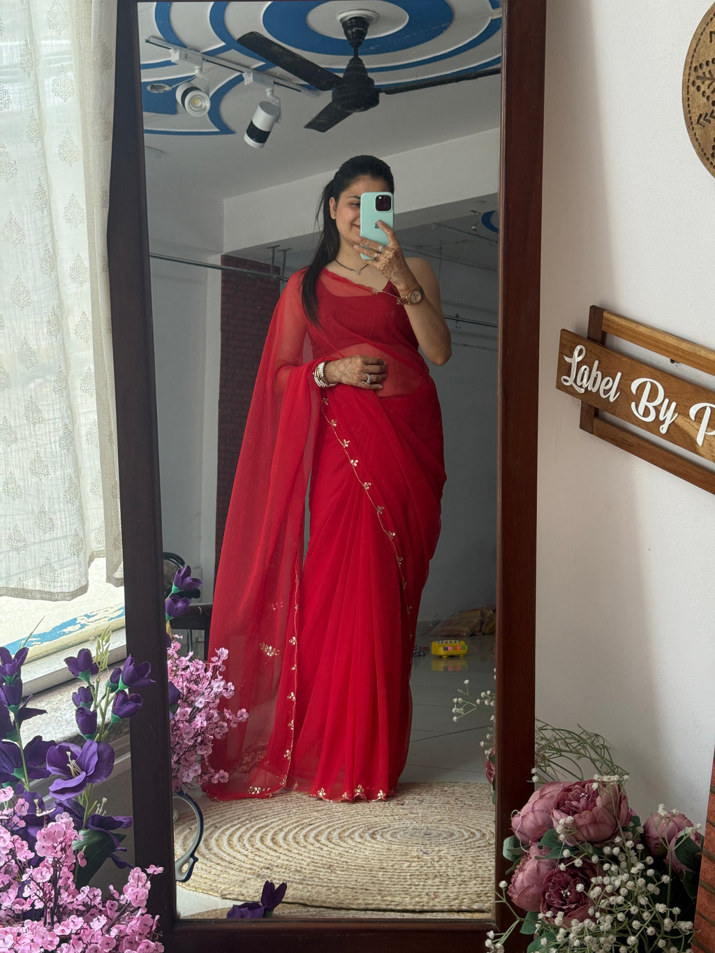 Red Pure Georgette Saree| Handwork cutdana detailing| With blouse