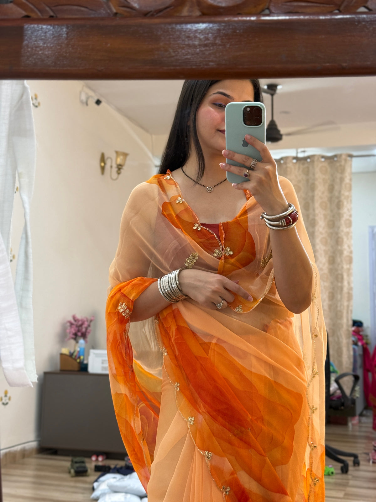 Floral Pure Georgette Handblock Digital Printed Saree| Handwork cutdana detailing| Without blouse