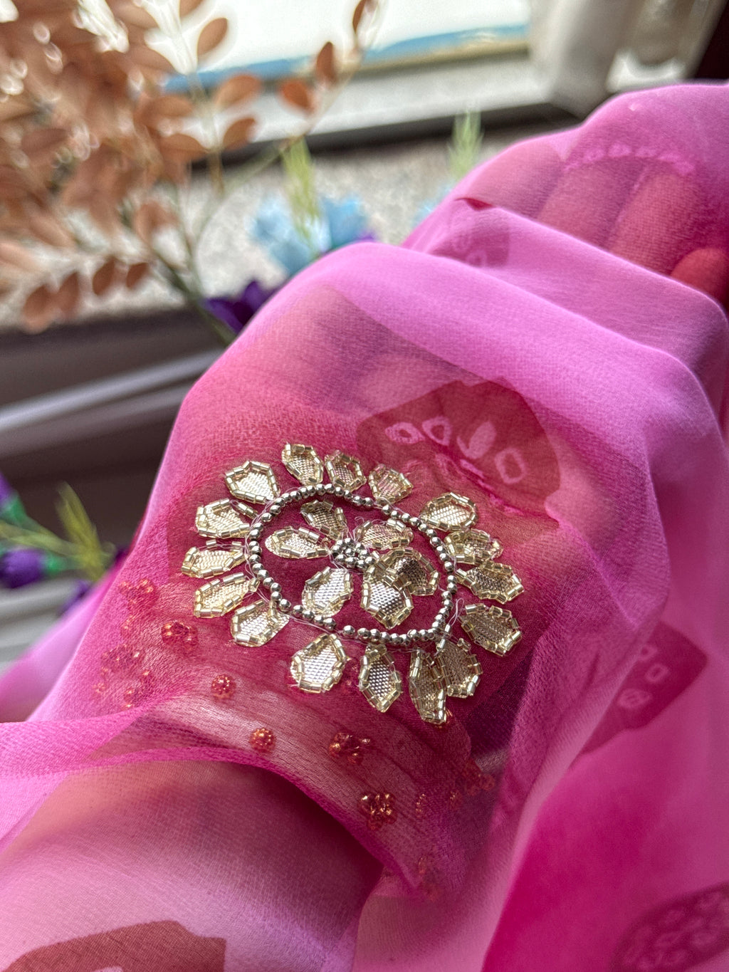 Dual tone Pure Georgette Handblock Digital Printed Saree| Handwork cutdana buta detailing| With blouse