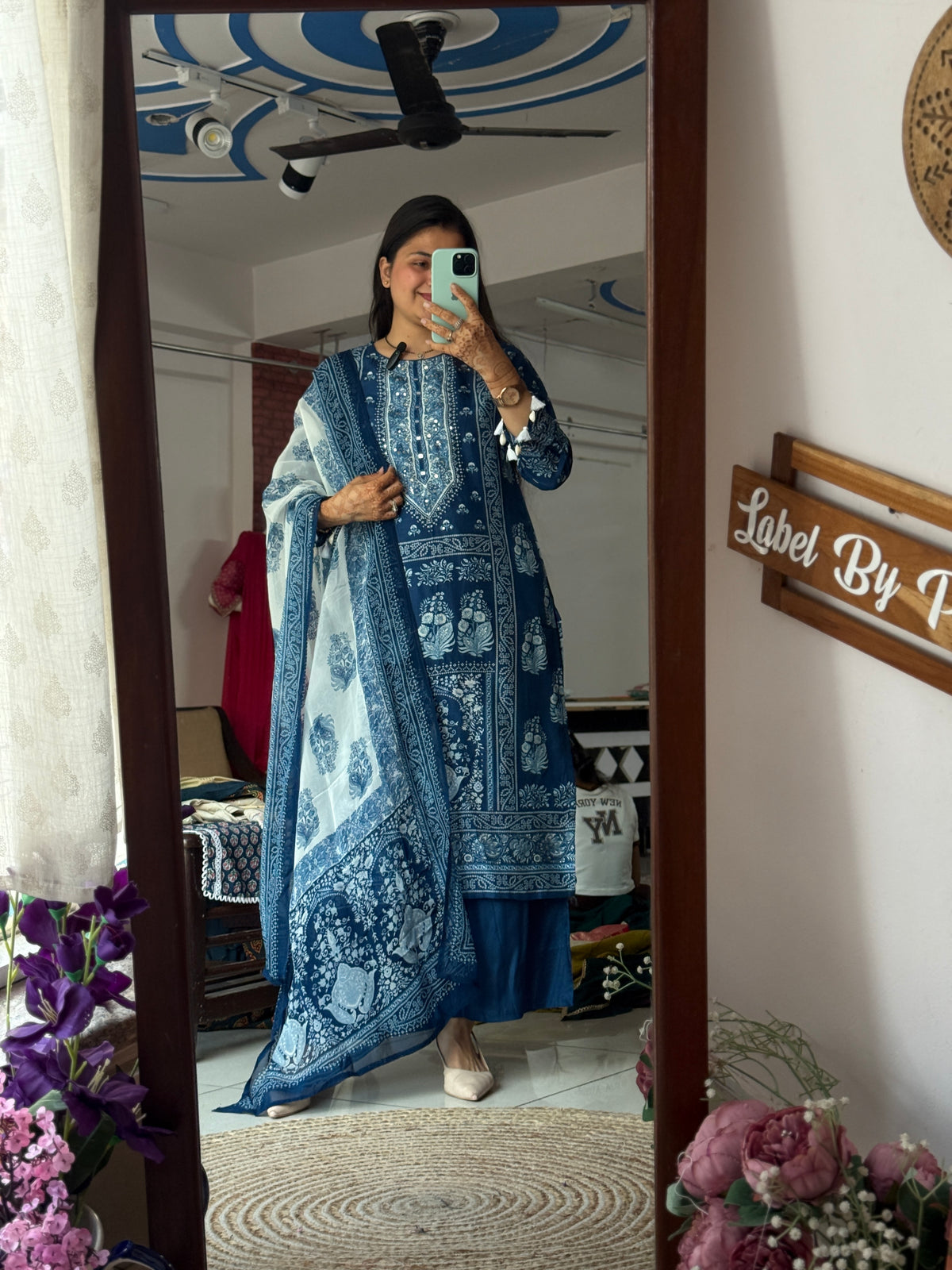 Designer Indigo Suit Set with Hand Embroidery | Cotton Lining| Duppata | Muslin