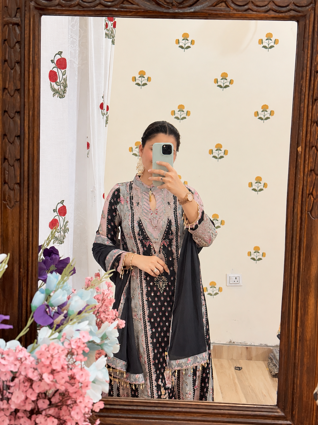 Pakistani Style Kurta set | Heavy mirror work| Chiffon Duppata| Pure Crepe