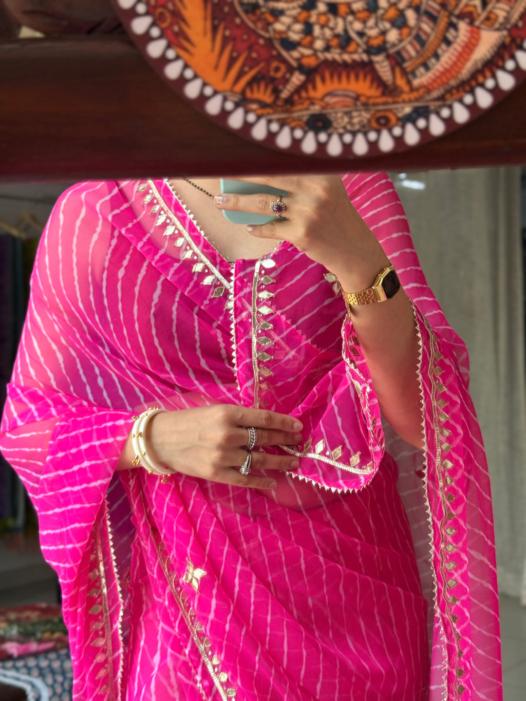 Pink  Chiffon Leheriya Saree|  Handwork Gota patti work| With blouse