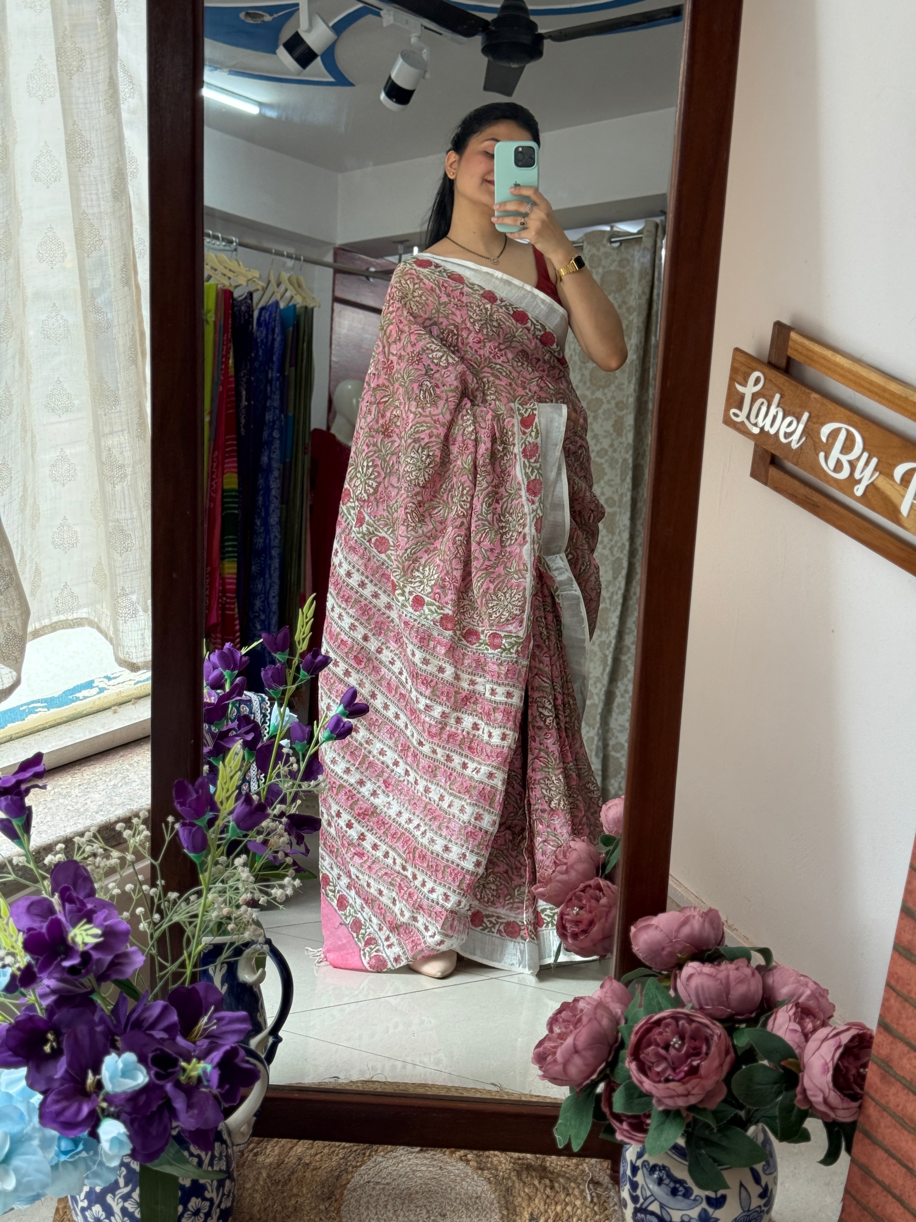 Block printed linen Saree|with blouse|Bestseller