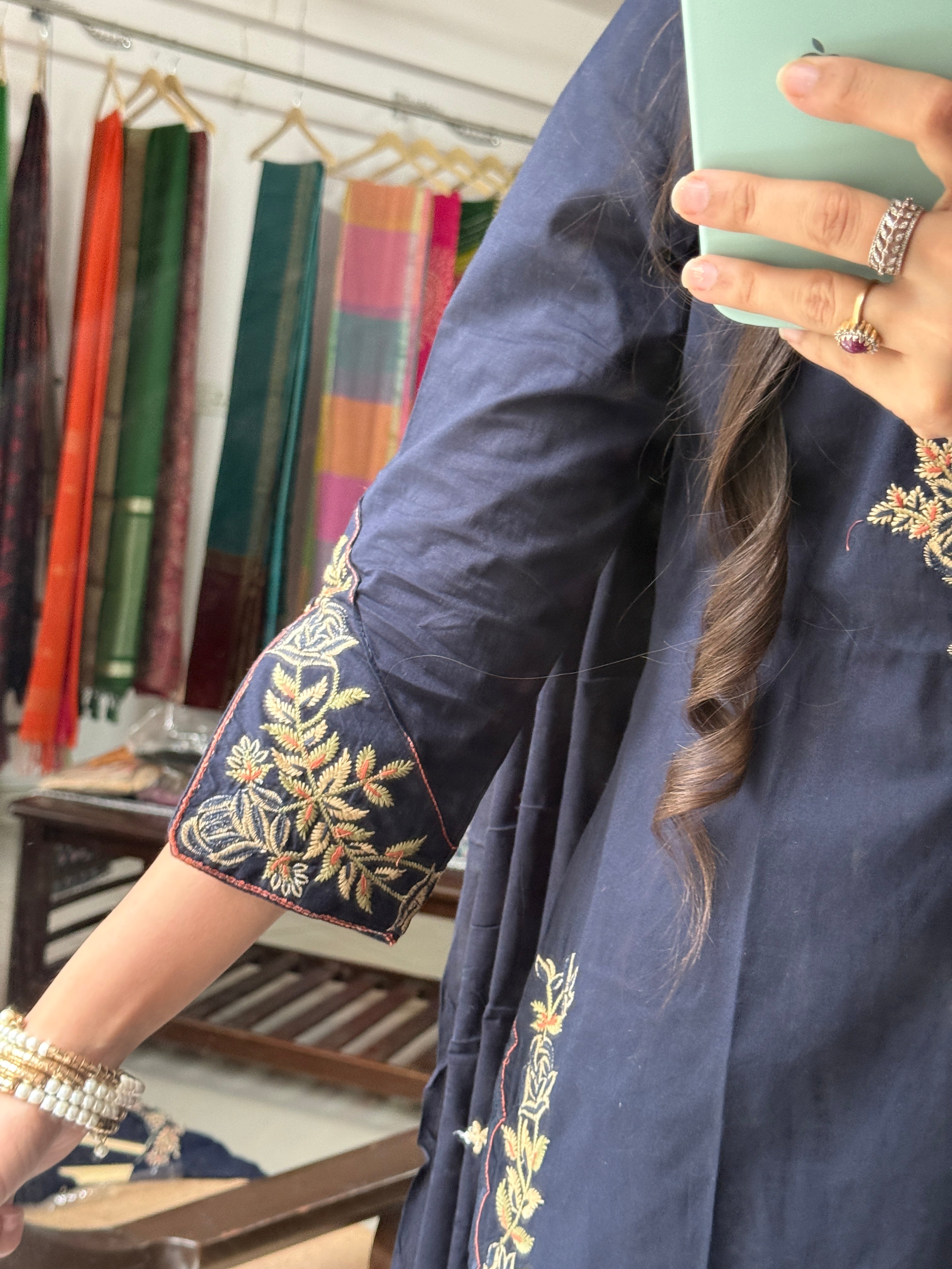 Blue Designer Cotton Suit Set with Embroidered Neckline & Designer sleeves and bottom with mul cotton embroidered Dupatta